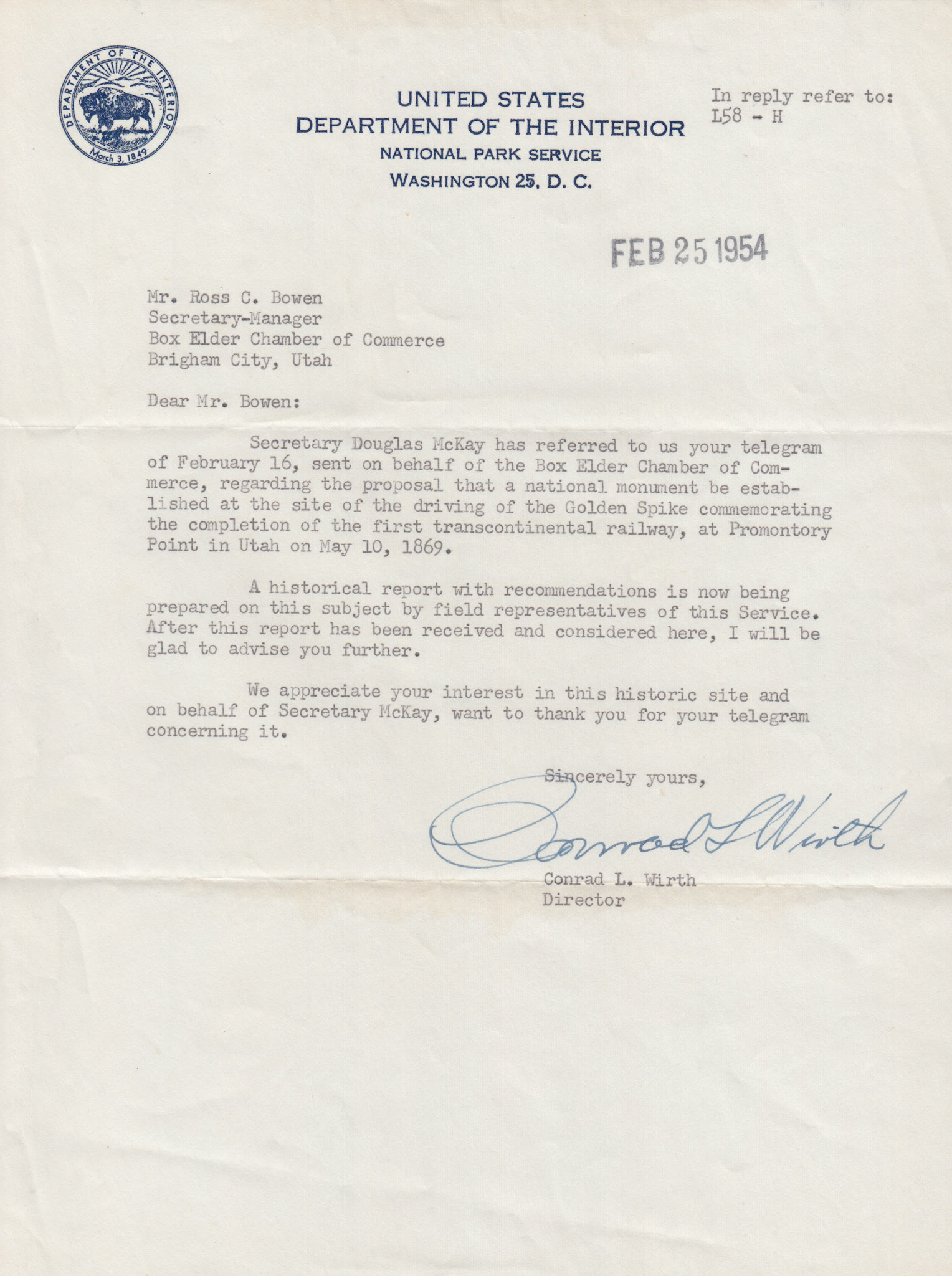 Letter from NPS Director Conrad L. Wirth, Feb. 25, 1954. Bernice Gibbs Anderson Collection, NPS