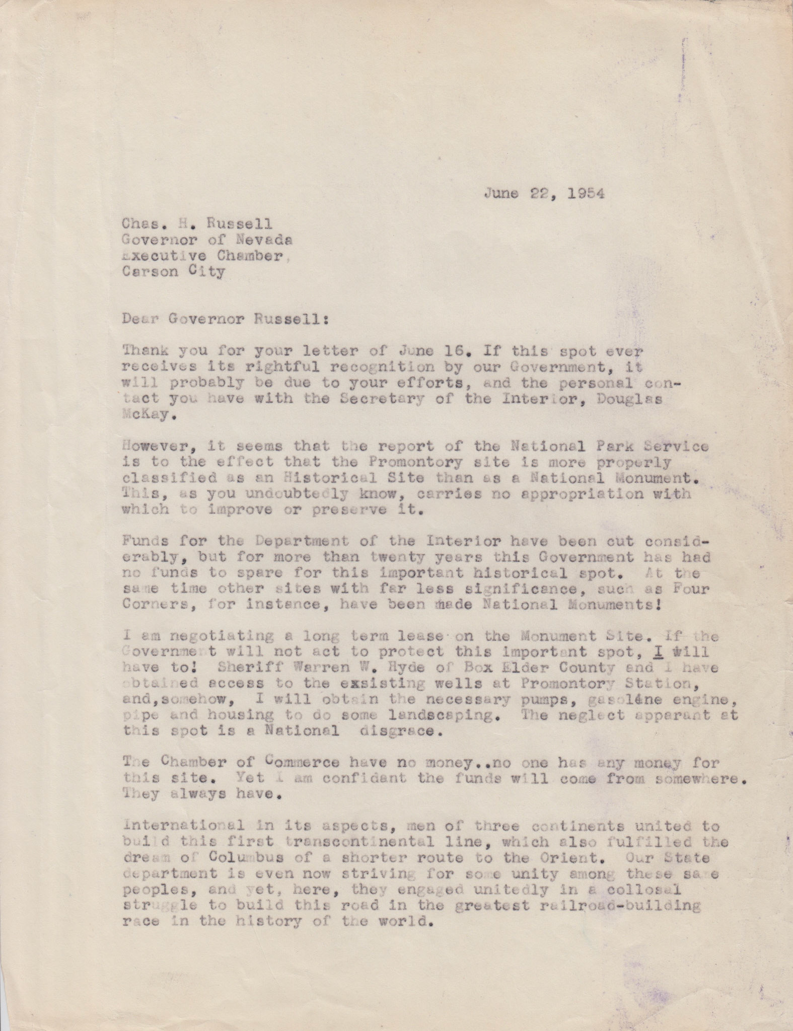 Copy of letter to Nevada Governor Charles H. Russell, page 1, June 22, 1954. Bernice Gibbs Anderson Collection, NPS
