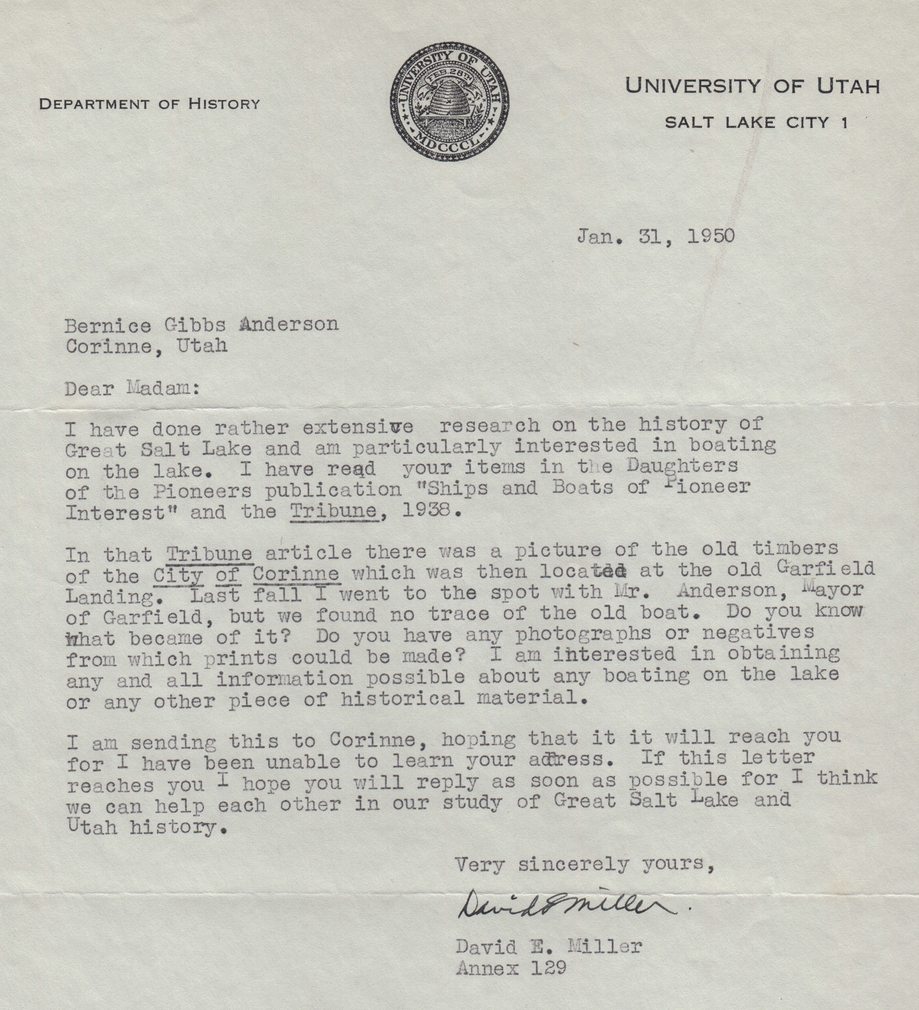 Letter from University of Utah History Dept., Jan. 1950. Bernice Gibbs Anderson Collection, NPS