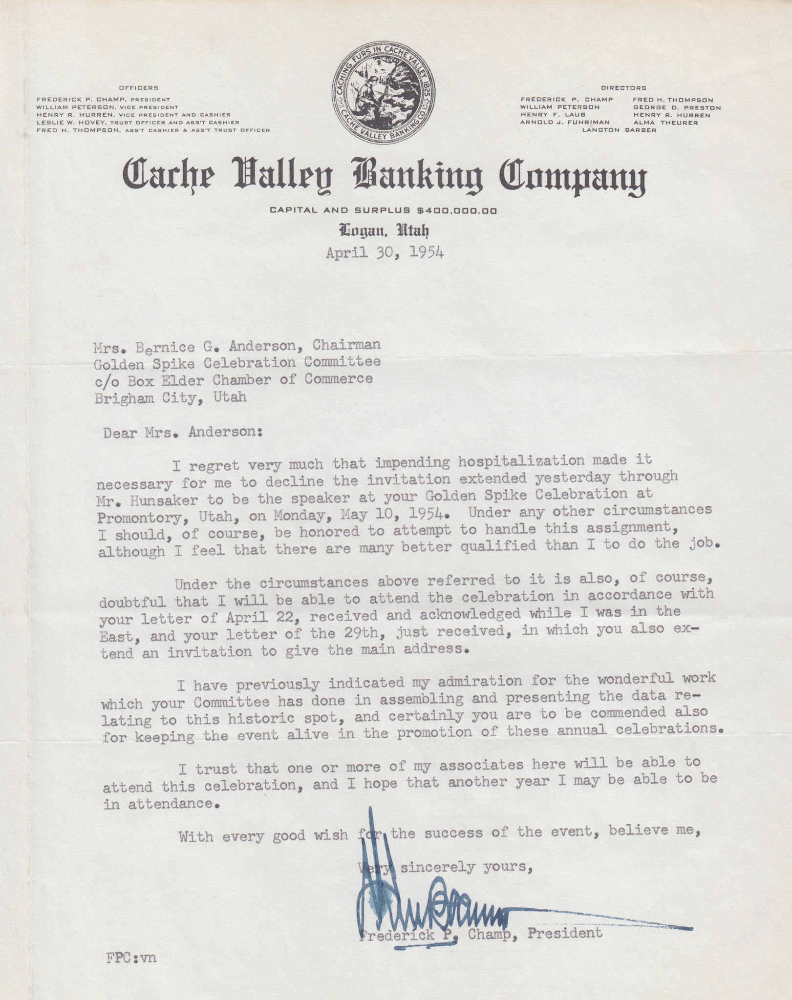 Regrets re: speaking and support from Frederick P. Champ, Cache Valley Banking Co., Apr. 30, 1954. Bernice Gibbs Anderson Collection, NPS