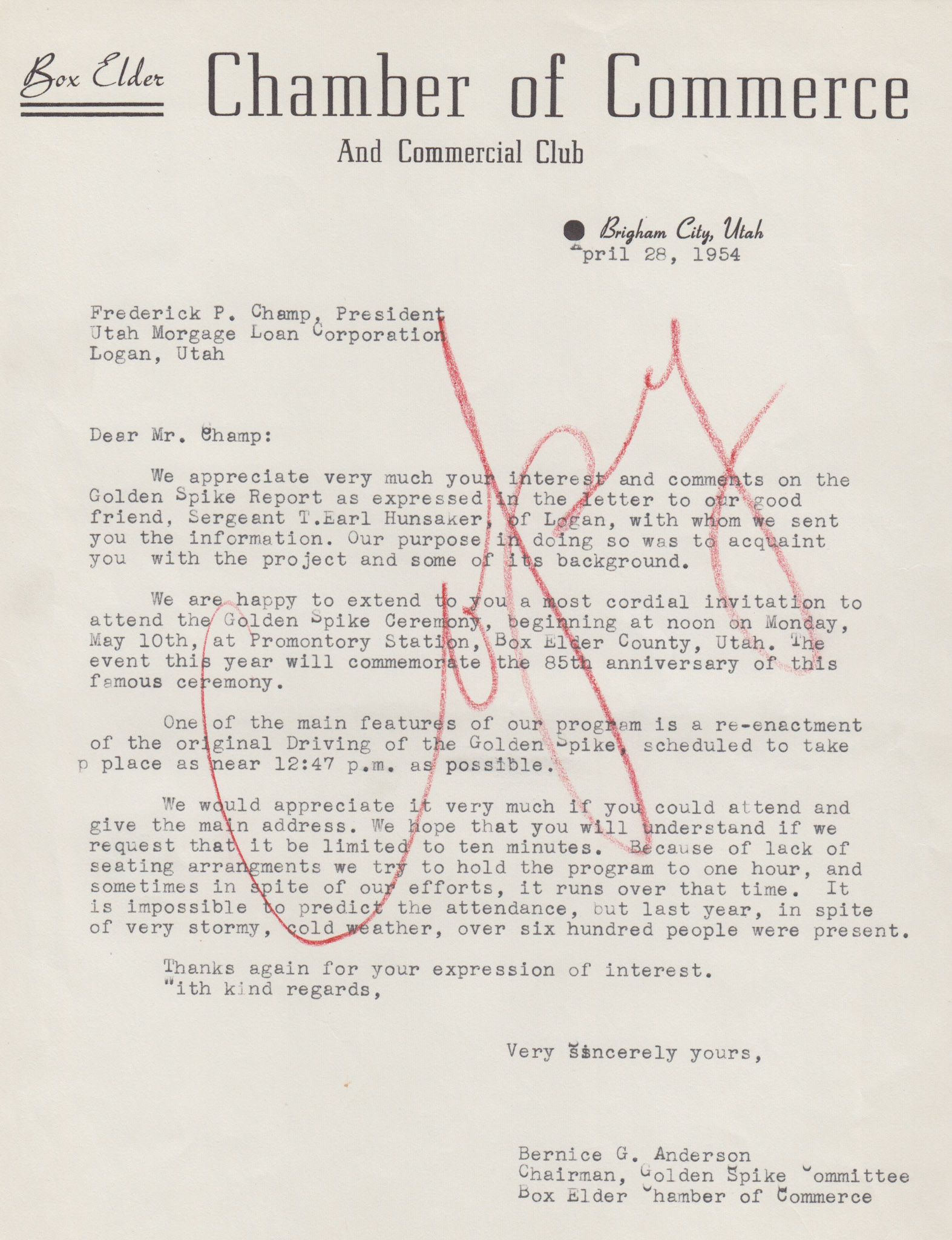 Copy of invitation to speak to Frederick P. Champ, Utah Mortgage Loan Corporation, Apr. 28, 1954. Bernice Gibbs Anderson Collection, NPS