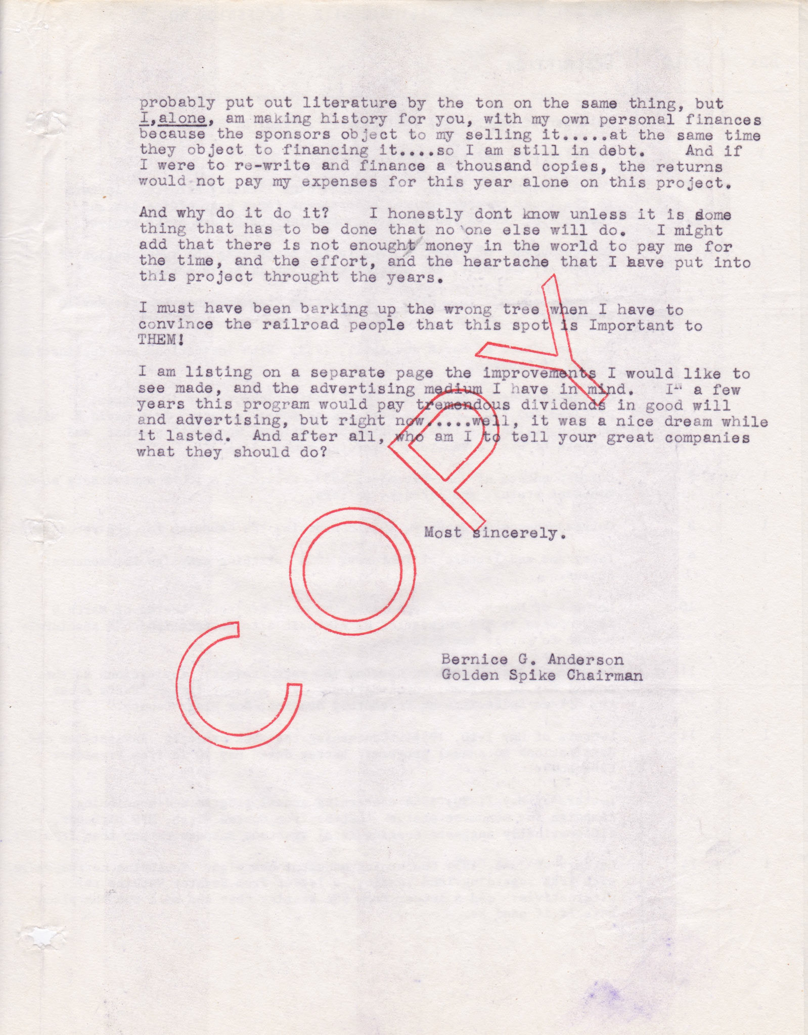 Copy of letter to Union Pacific and Southern Pacific, July 12, 1954, page 3. Bernice Gibbs Anderson Collection, NPS