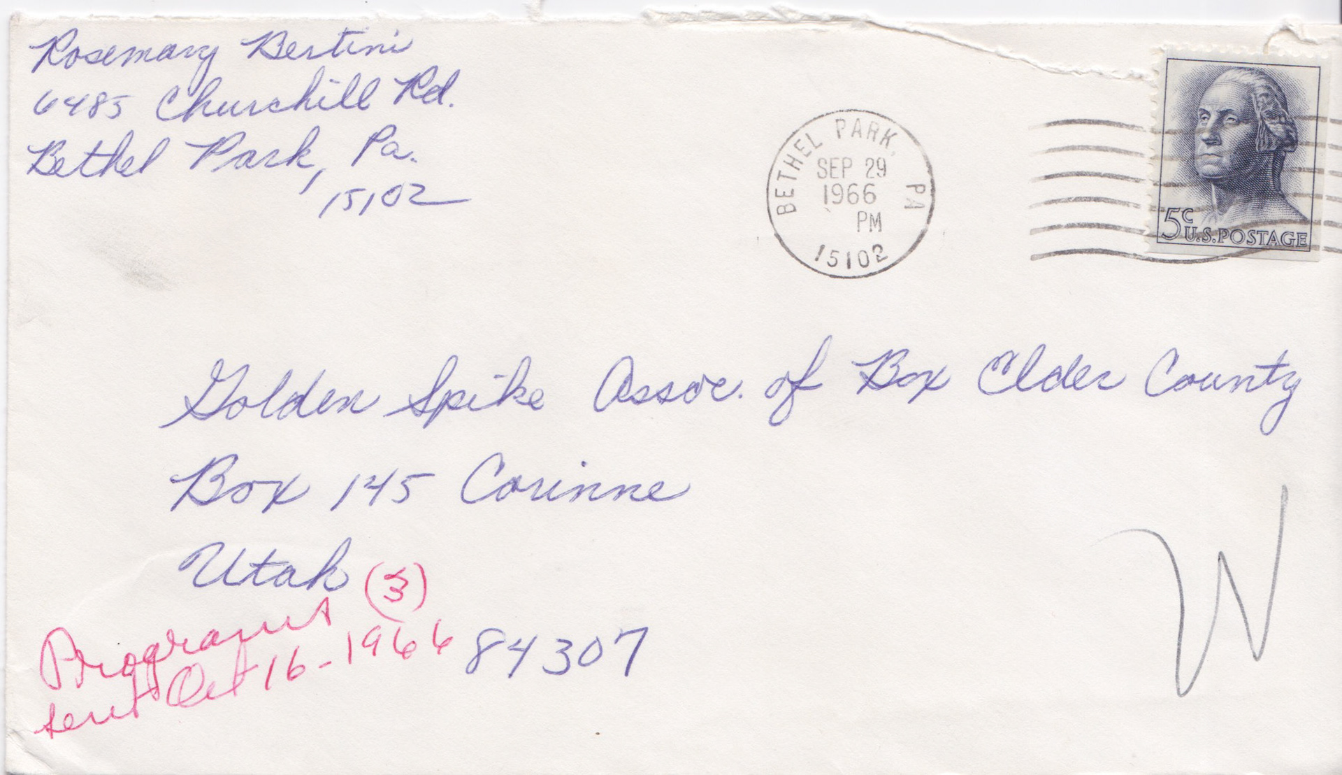 Envelope from student Rosemary Bertini, Bethel Park, PA, Sep. 29, 1966.  Bernice Gibbs Anderson Collection, NPS