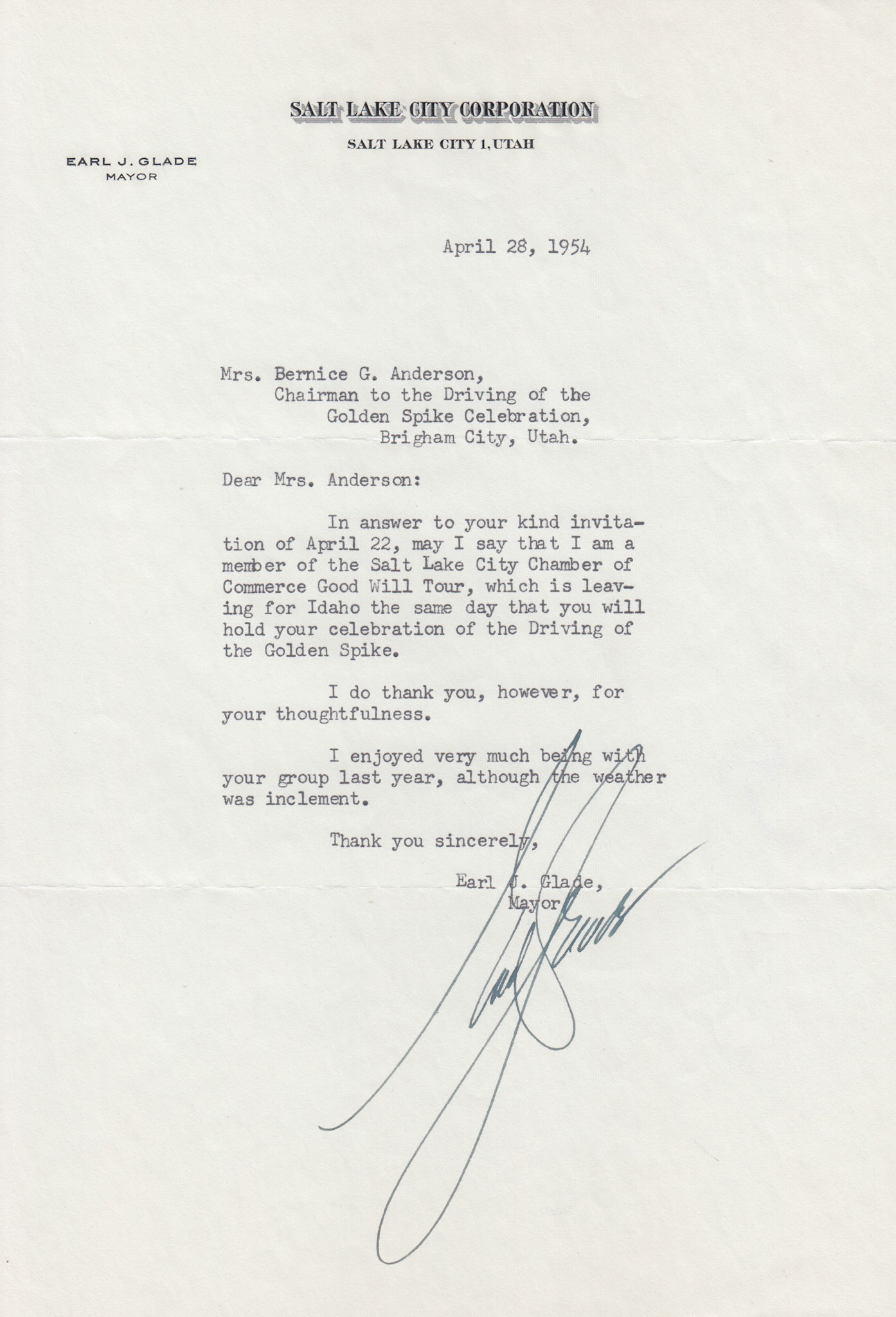 Regrets from Salt Lake City Mayor Earl J. Glade, Apr. 28, 1954. Bernice Gibbs Anderson Collection, NPS