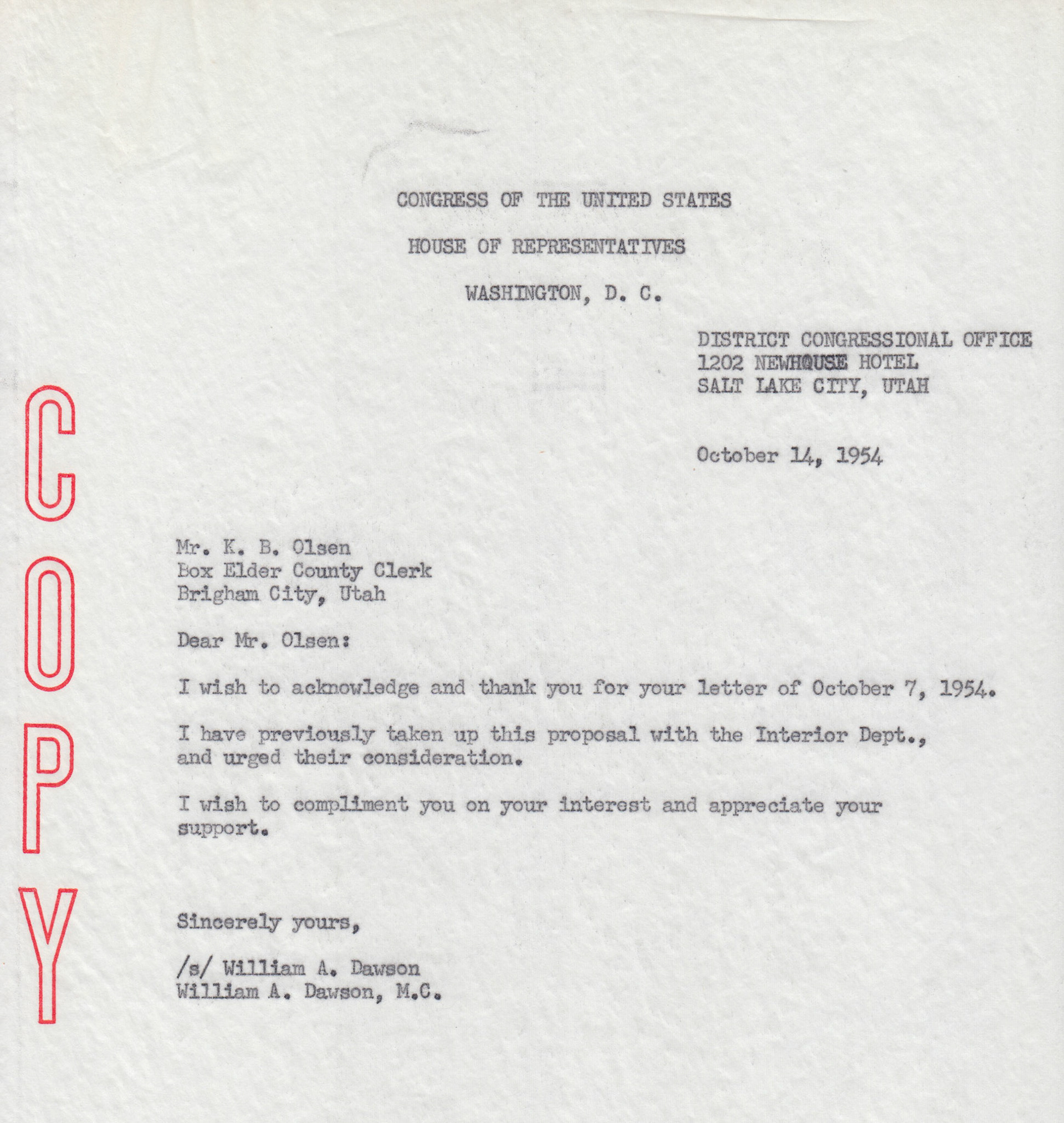 Copy of letter from Rep. William A. Dawson to K.B. Olsen, Box Elder County Clerk, Oct. 14, 1954. Bernice Gibbs Anderson Collection, NPS