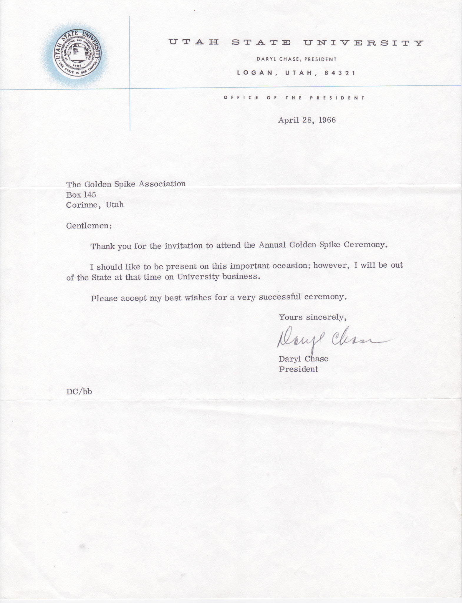 Regrets from Daryl Chase, Utah State University, April 28, 1966. Bernice Gibbs Anderson Collection, NPS