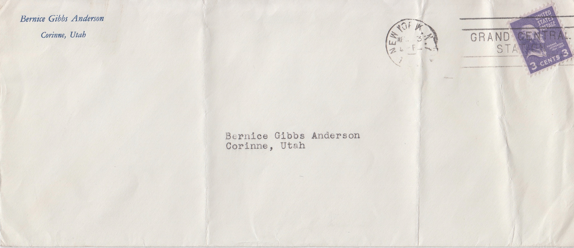 SASE Envelope, Bernice Gibbs Anderson Collection, NPS