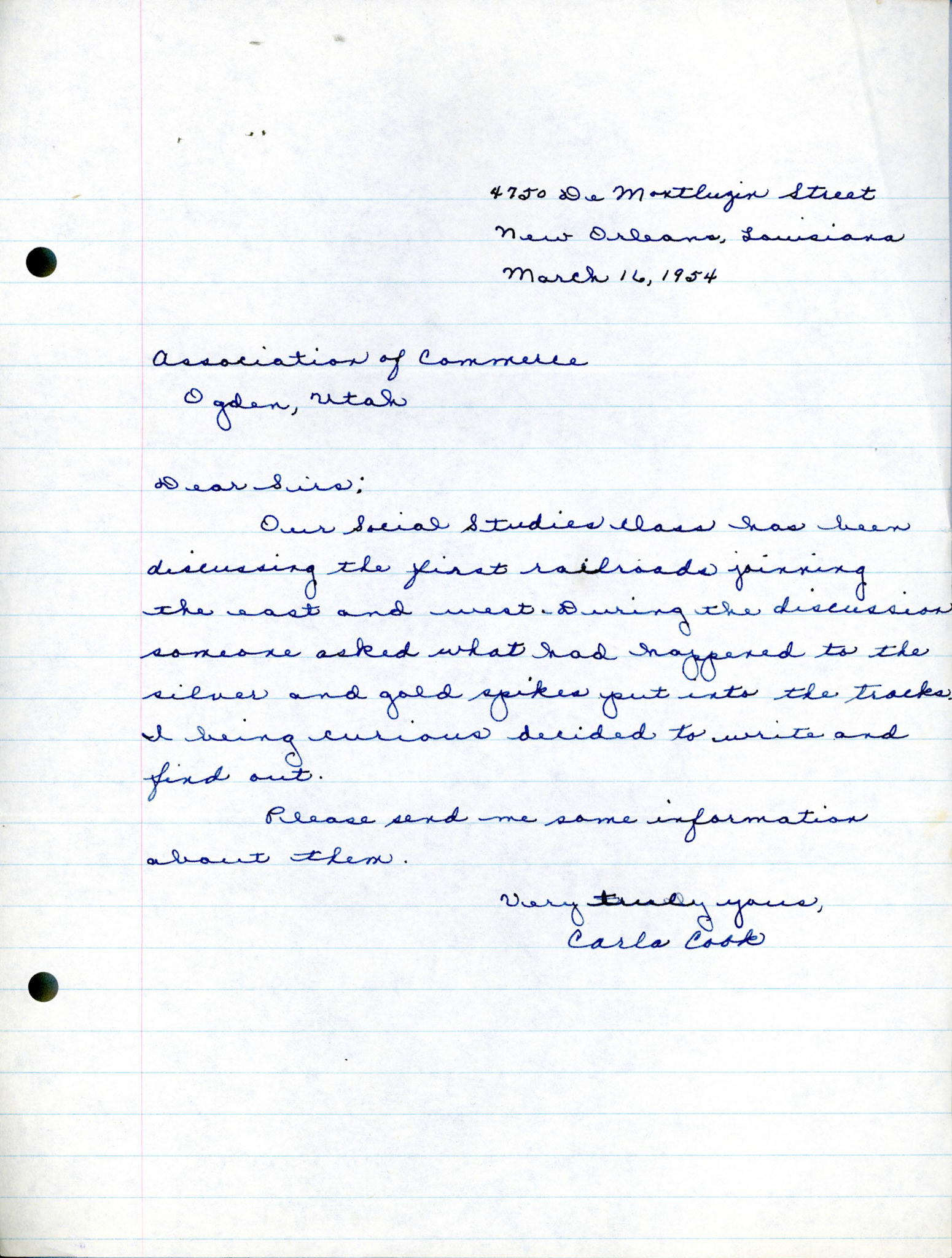 Letter from student Carla Cook of New Orleans, Mar. 16, 1954. Bernice Gibbs Anderson Collection, NPS
