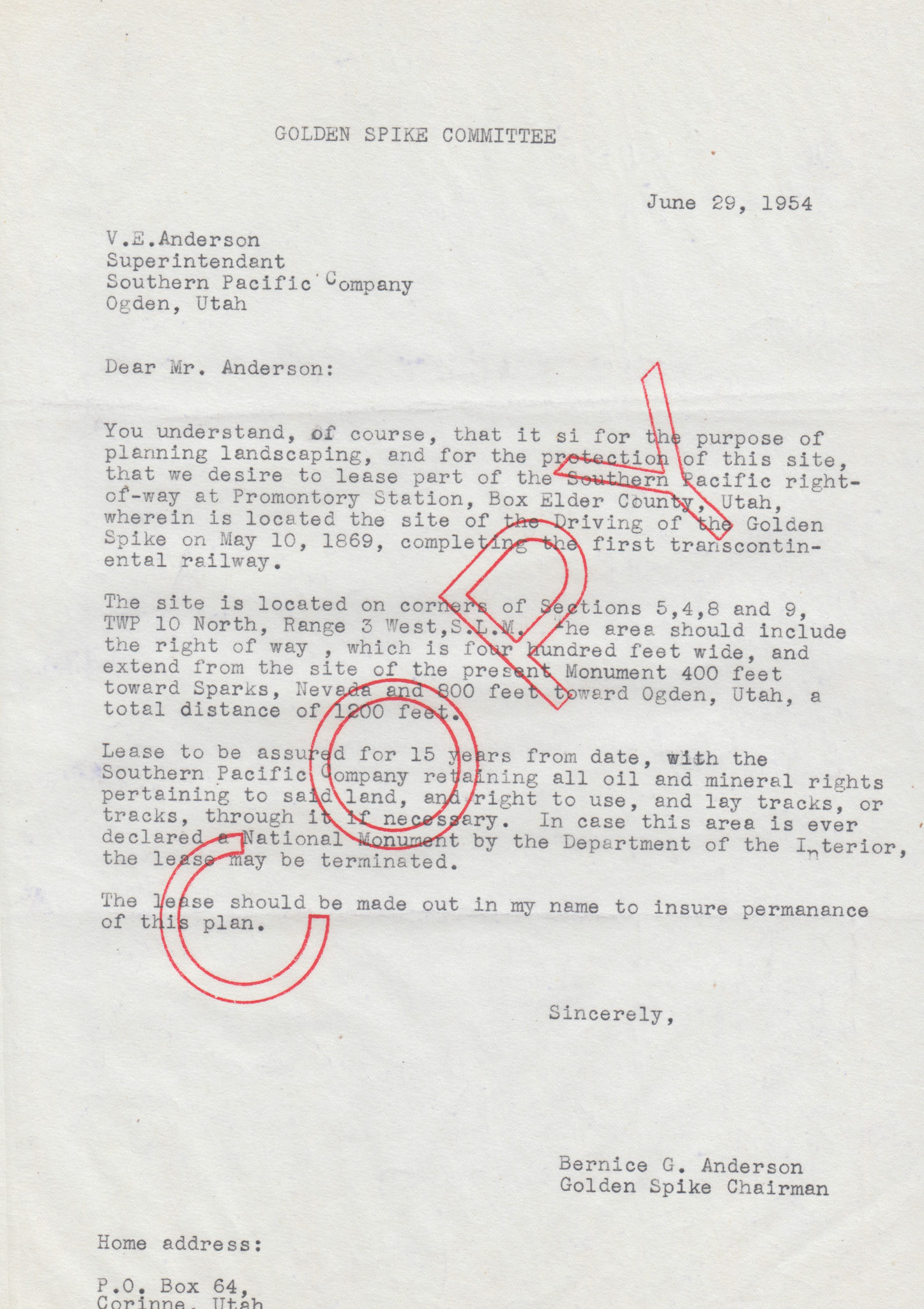 Copy of letter to V.E. Anderson, Southern Pacific re: land lease, Jun. 29, 1954. Bernice Gibbs Anderson, NPS