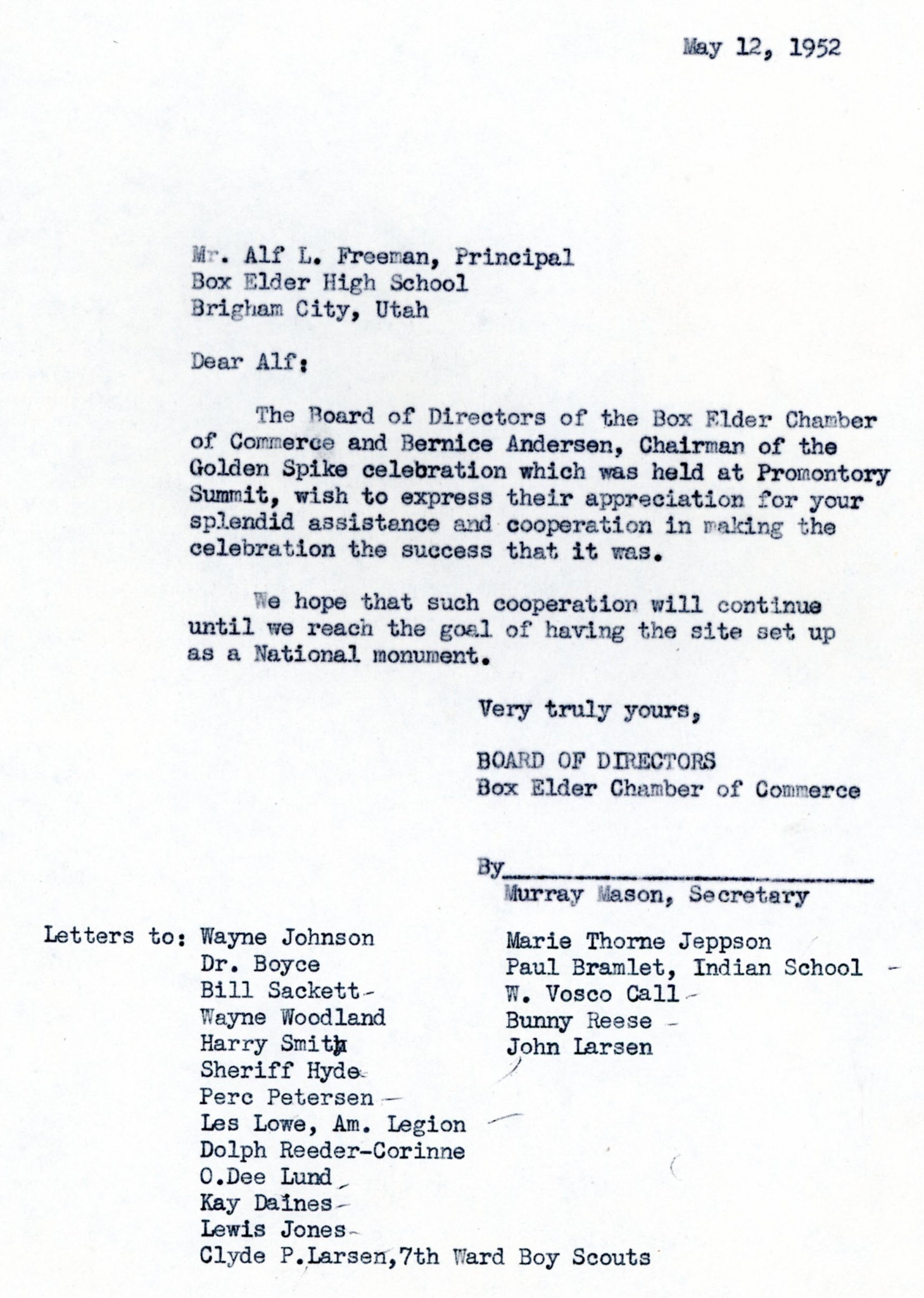 Thank you to Box Elder High School Principal, 1952 Bernice Gibbs Anderson Collection, NPS