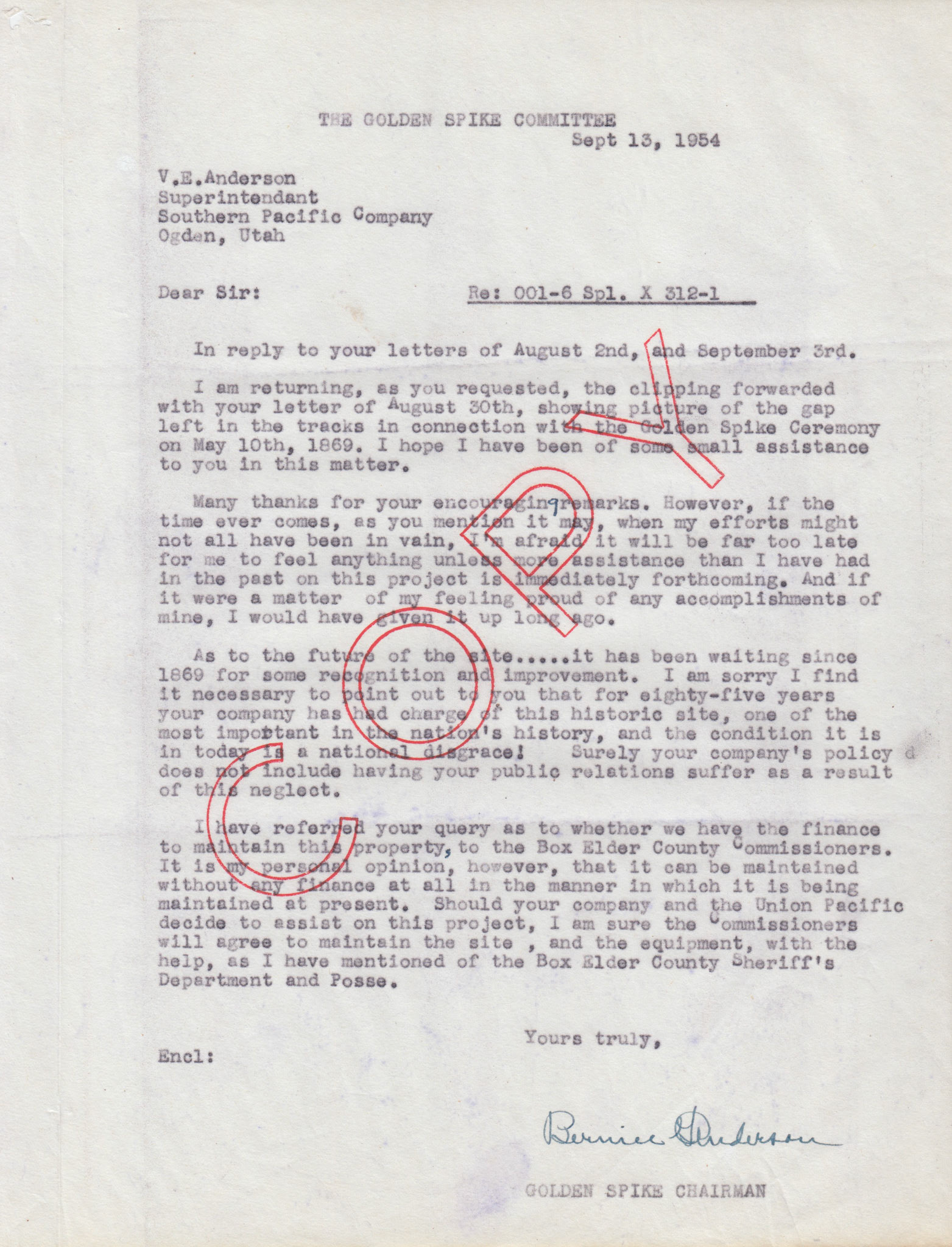Letter to V.E. Anderson, Supt. Southern Pacific, Ogden, Sep. 13, 1954. Bernice Gibbs Anderson Collection, NPS