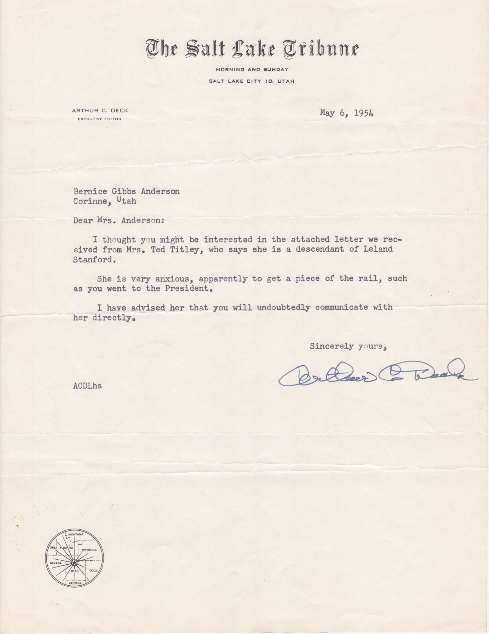 Letter from Salt Lake Tribune Exec. Ed. Arthur C. Deck, May 6, 1954. Bernice Gibbs Anderson Collection, NPS