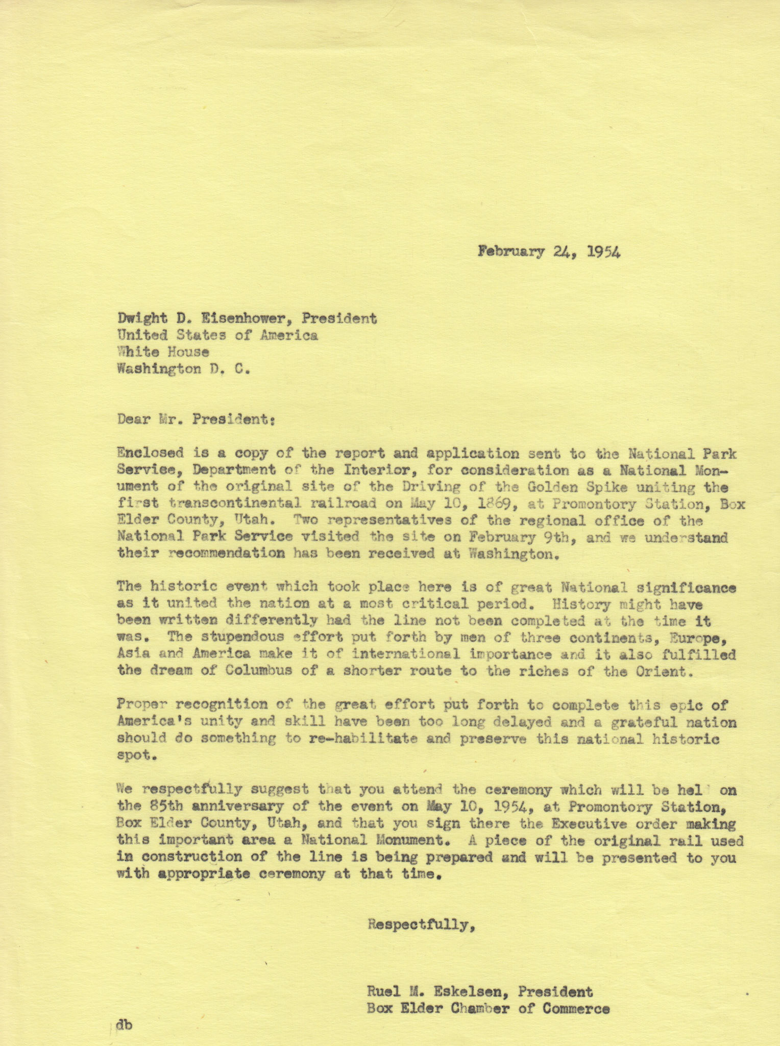 Letter to President Eisenhower from Ruel M. Eskelsen, Feb. 23, 1954. Bernice Gibbs Anderson Collection, NPS