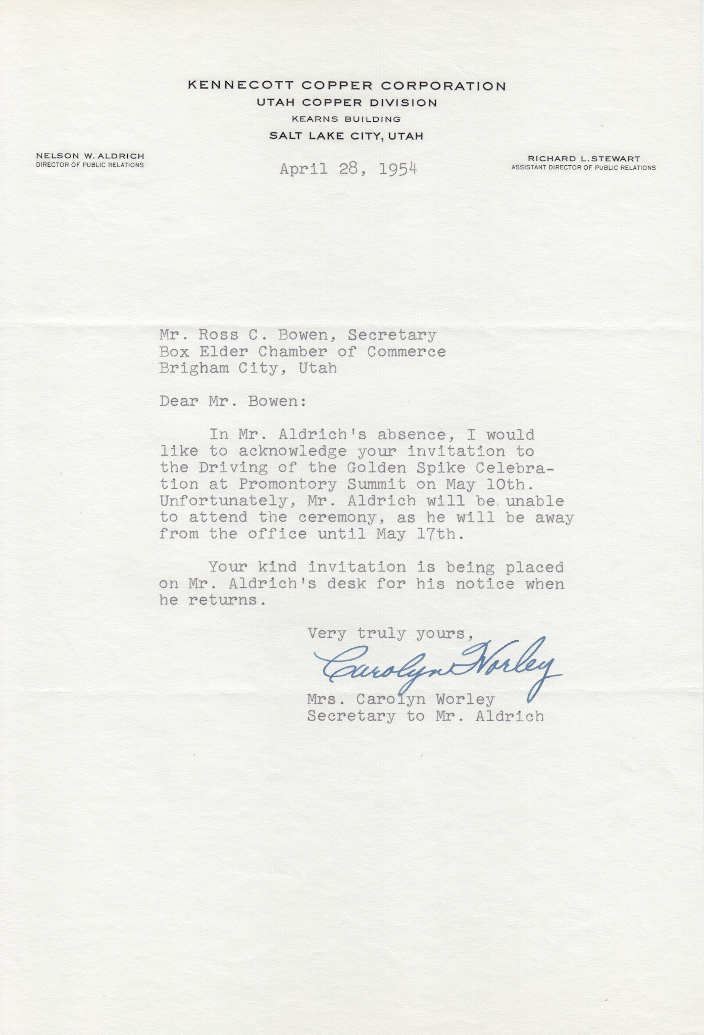 Regrets from Nelson W. Aldrich, Kennecott Copper Corp. Salt Lake City, Apr. 28, 1954. Bernice Gibbs Anderson Collection, NPS