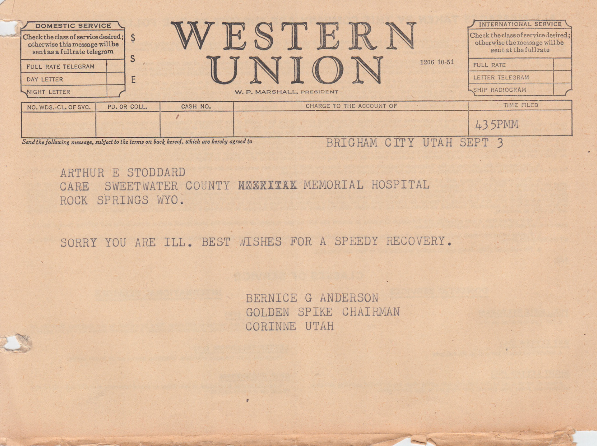 Get well telegram to Arthur E. Stoddard, Sep. 3, 1954. Bernice Gibbs Anderson, NPS