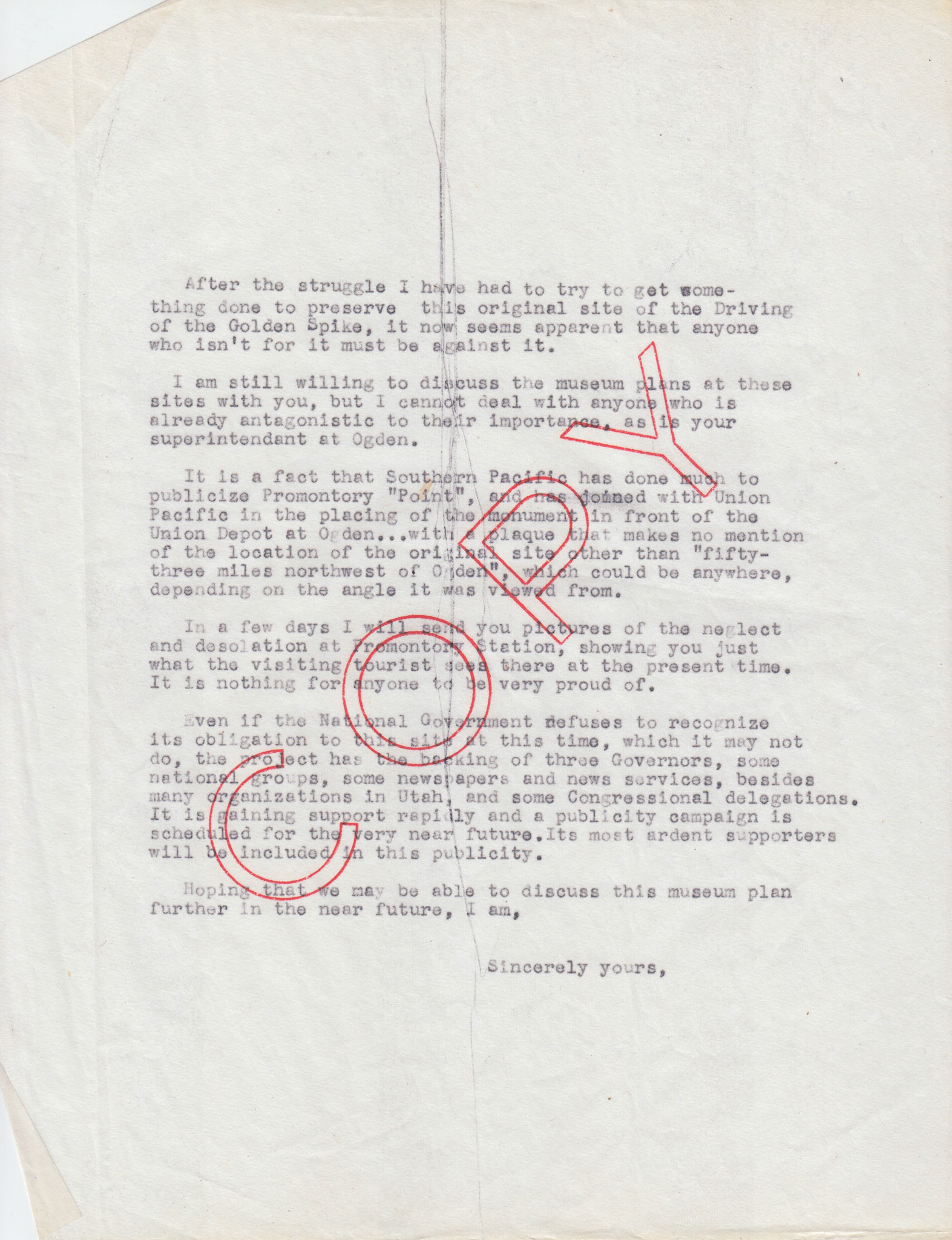 Copy of letter to D.J. Russell, Pres. Southern Pacific re: V.E. Anderson, Nov. 10, 1954, page 3. Bernice Gibbs Anderson Collection, NPS
