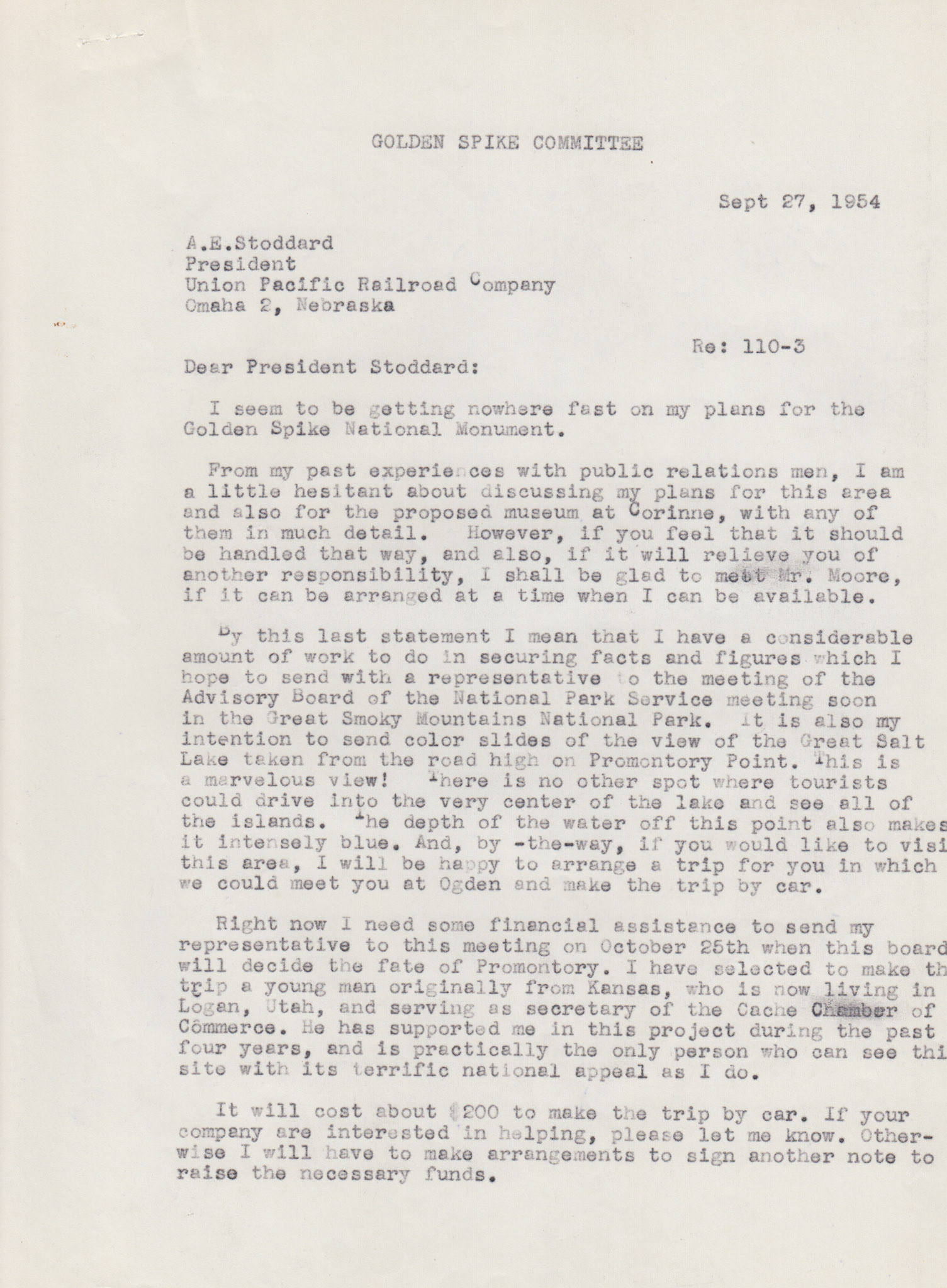Copy of letter to A.E. Stoddard, Pres. Union Pacific,  page 1, Sep. 27, 1954. Bernice Gibbs Anderson Collection, NPS