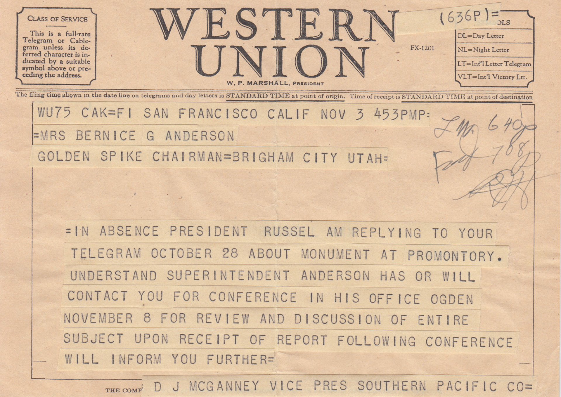 Telegram from D.J. McGanney, V.P. Southern Pacific, Nov. 3, 1954. Bernice Gibbs Anderson Collection, NPS