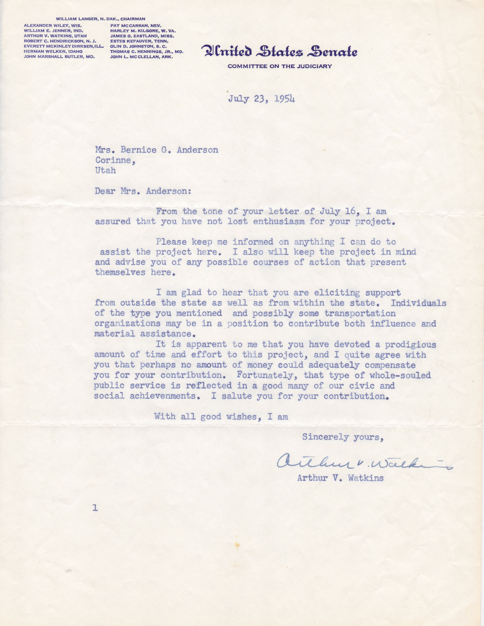 Letter from Senator Arthur V. Watkins, July 23, 1954, "...whole-souled public service...". Bernice Gibbs Anderson Collection, NPS