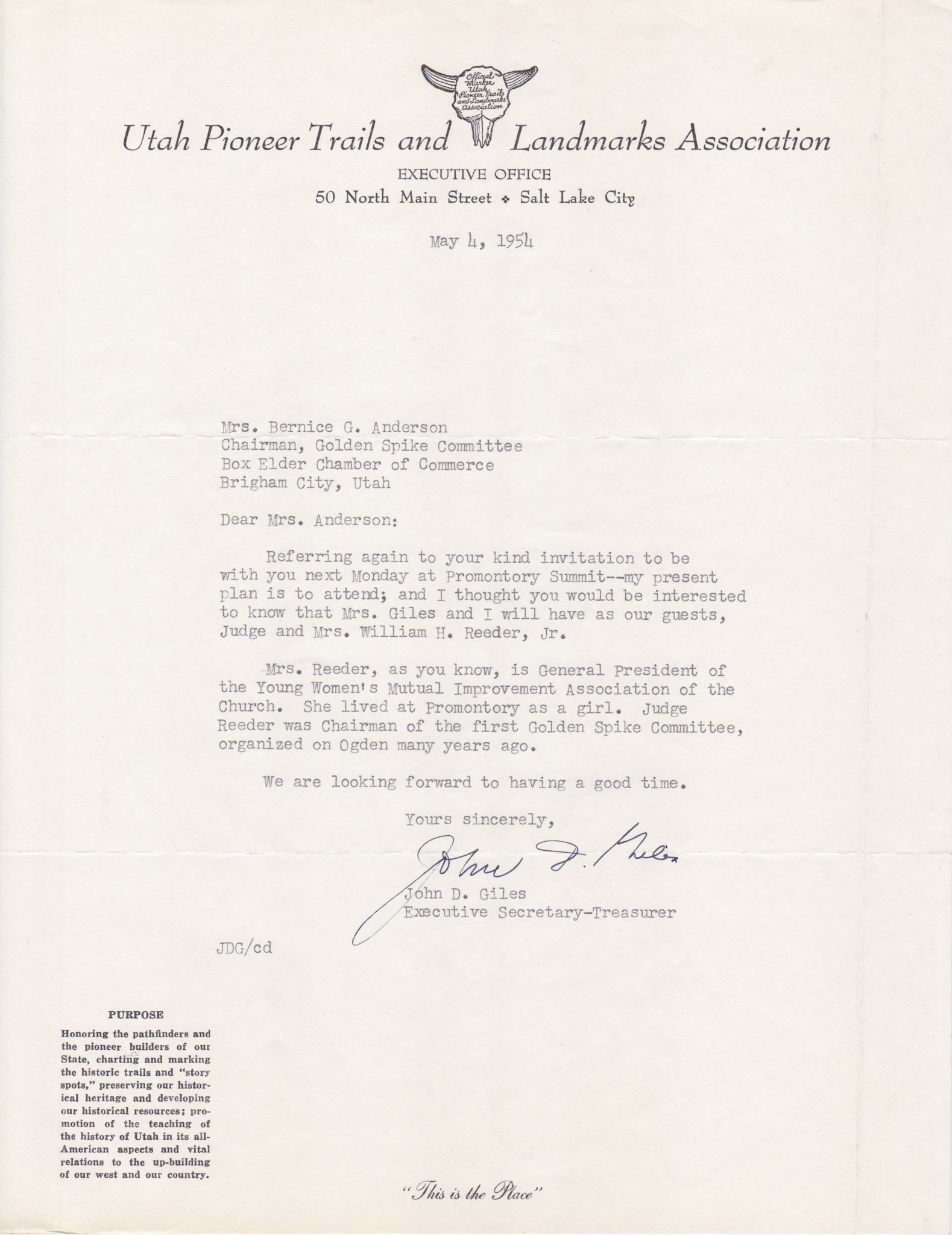 Acceptance from John D. Giles, Utah Pioneer Trails and Landmarks Assn. with Judge and Mrs. William H. Reeder, Jr., May 4, 1954. Bernice Gibbs Anderson Collection, NPS