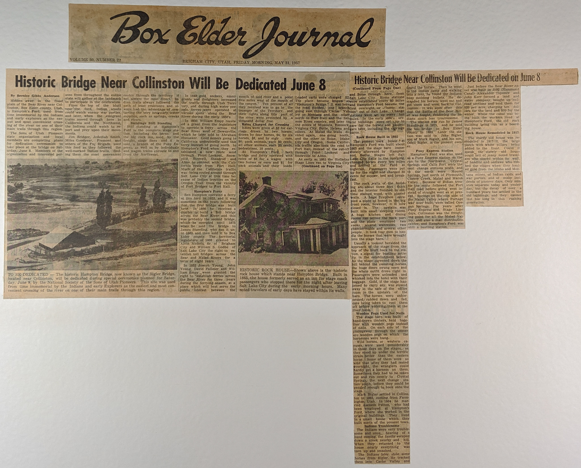 News article on bridge over river by Collinston, Utah, Mary 31, 1957. Bernice Gibbs Anderson Collection, NPS