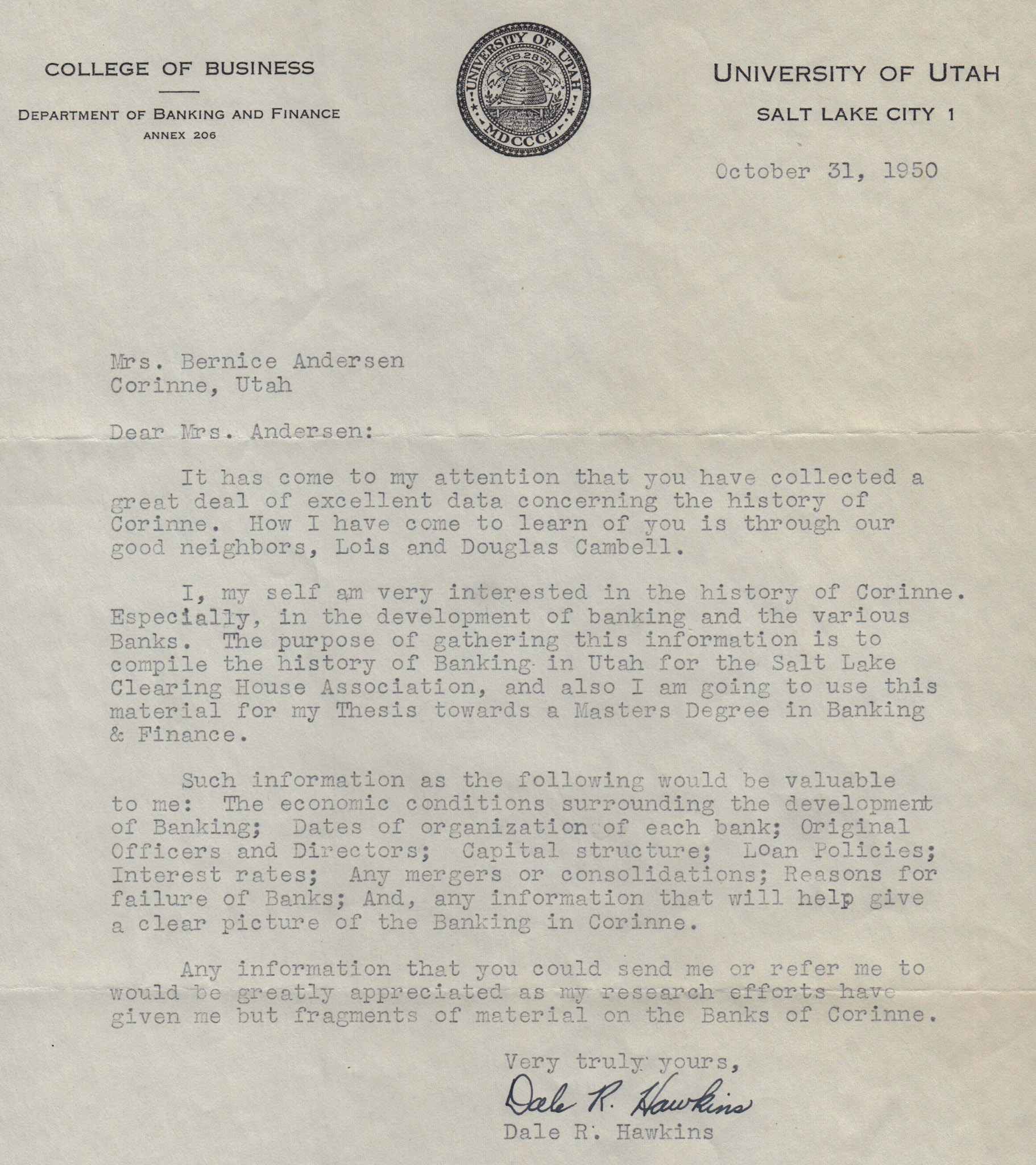 Envelope from UofU College of Business, 1950, from letter from Hawkins about the history of banking in Corinne, Utah. Bernice Gibbs Anderson Collection, NPS