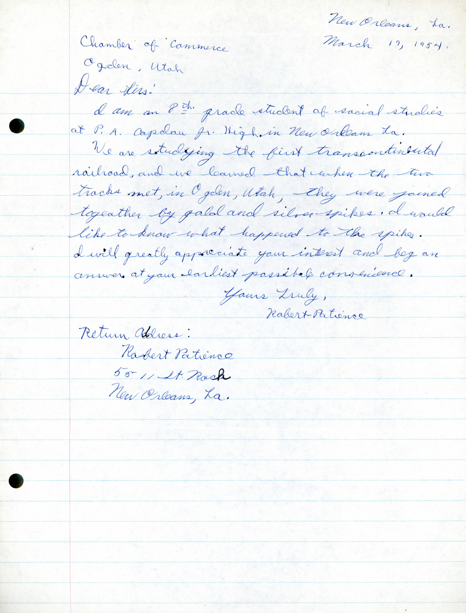 Letter from student Robert Patience of New Orleans, Mar. 17, 1954. Bernice Gibbs Anderson Collection, NPS