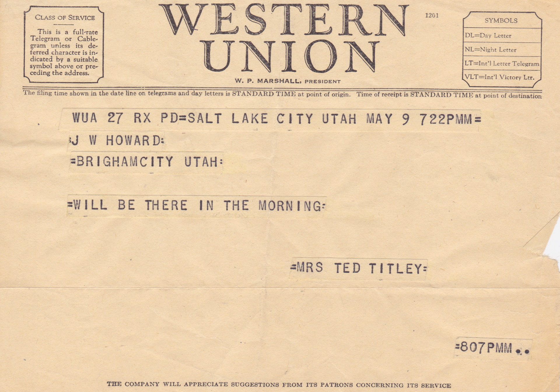 Telegram from Mrs. Ted Titley, great-niece of Leland Stanford, May 9, 1954. Bernice Gibbs Anderson Collection, NPS