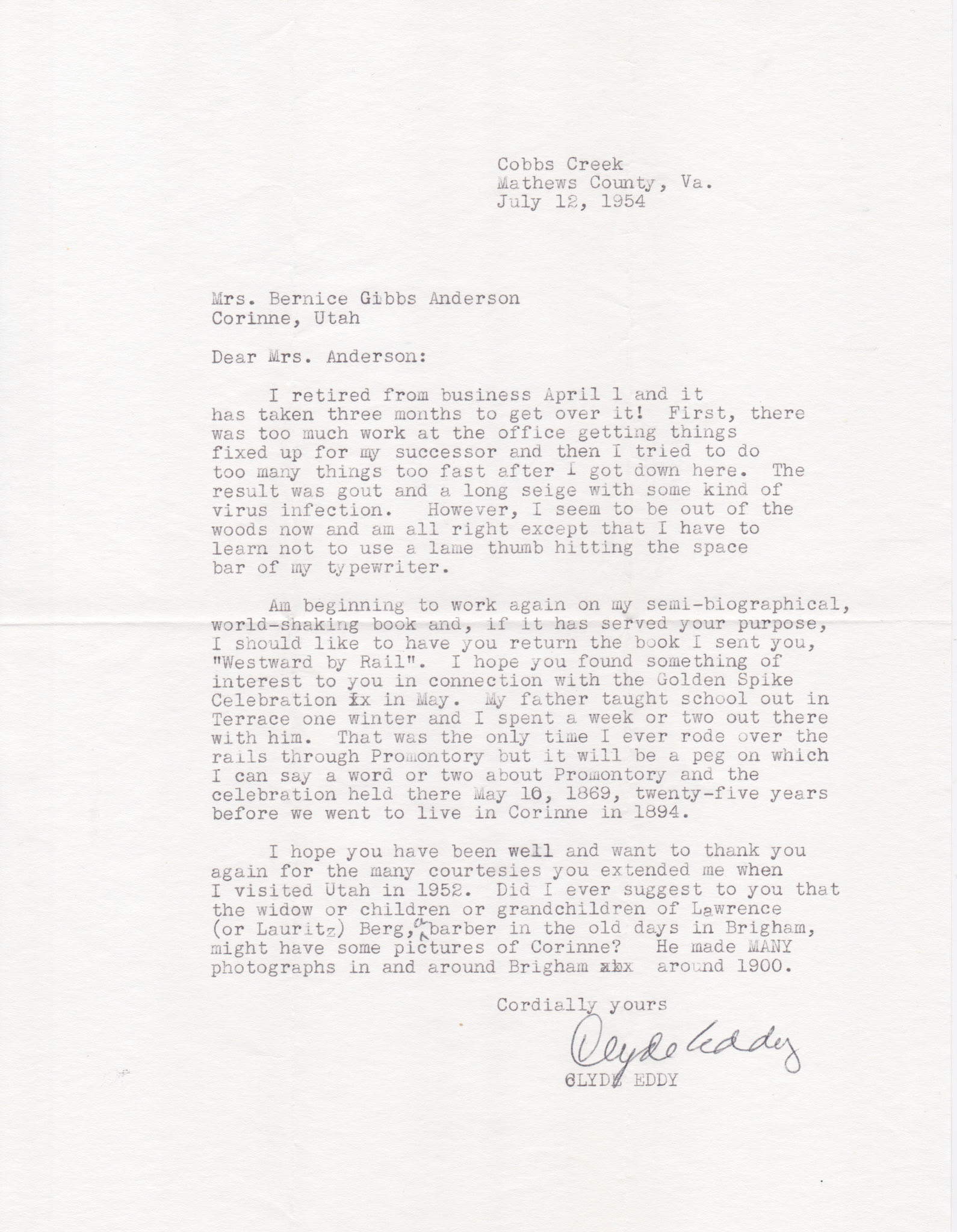 Letter from Clyde Eddy, July 12, 1954. Bernice Gibbs Anderson Collection, NPS