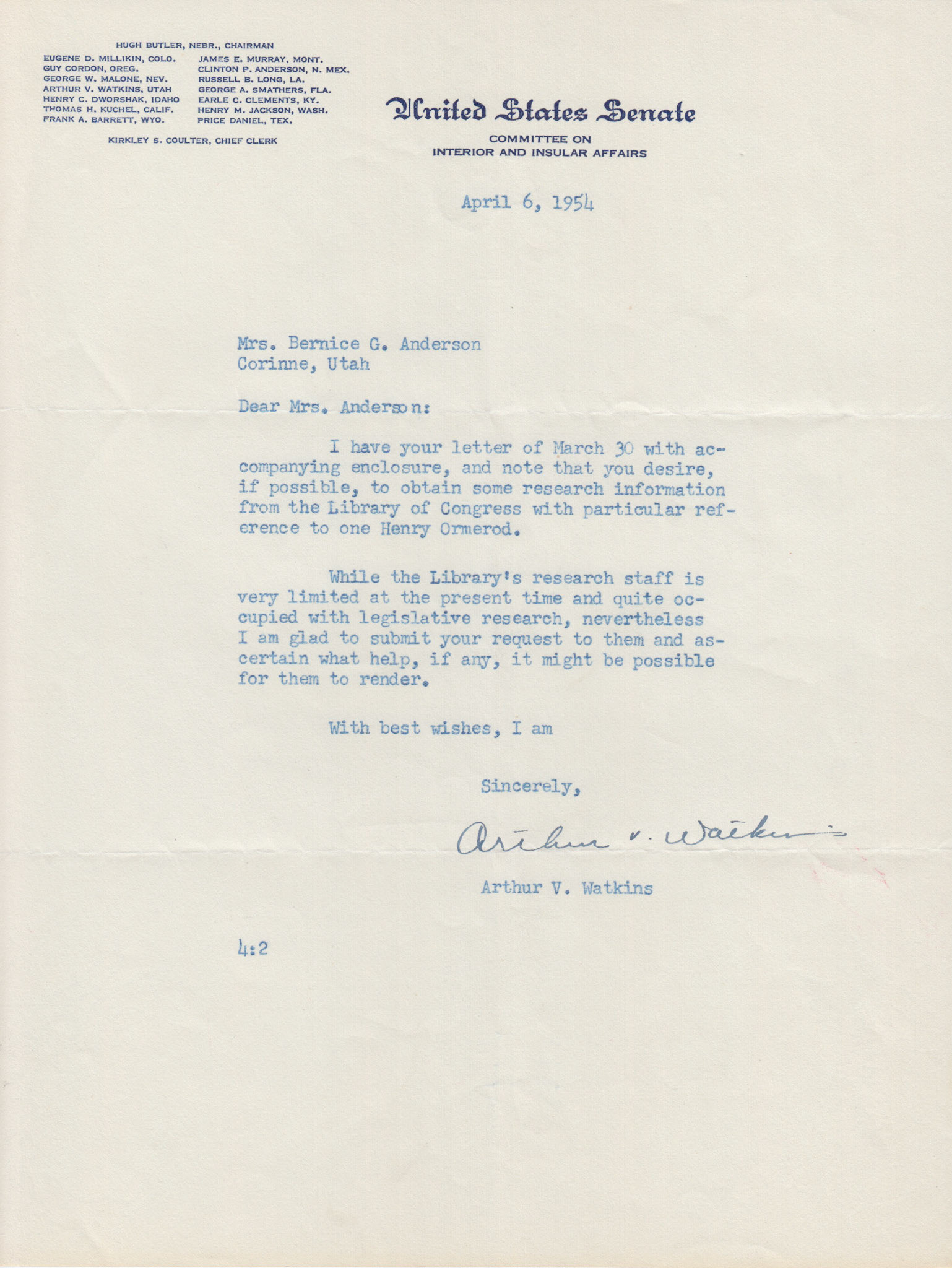 Letter from Senator Arthur V. Watkins, Apr. 6, 1954. Bernice Gibbs Anderson Collection, NPS