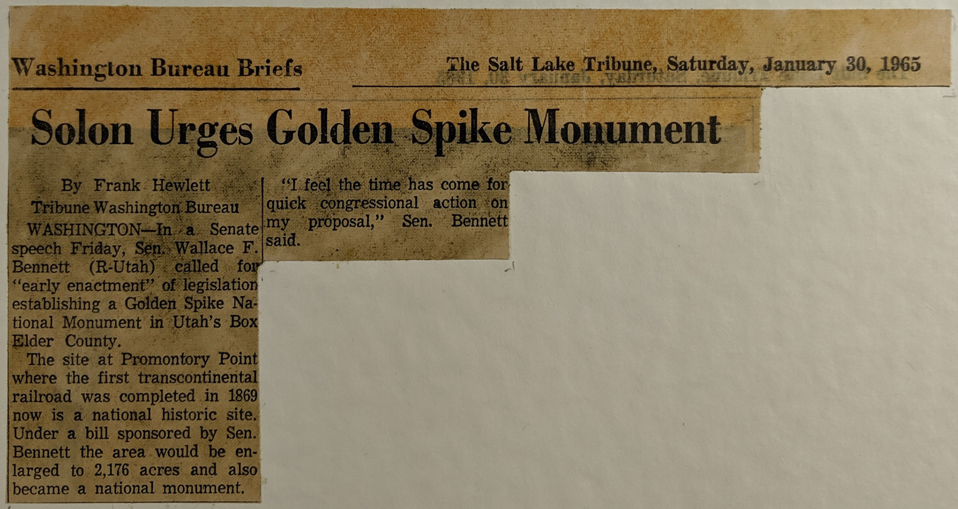 Senator Bennett calls for National Monument, Jan. 30, 1965. Bernice Gibbs Anderson Collection, NPS