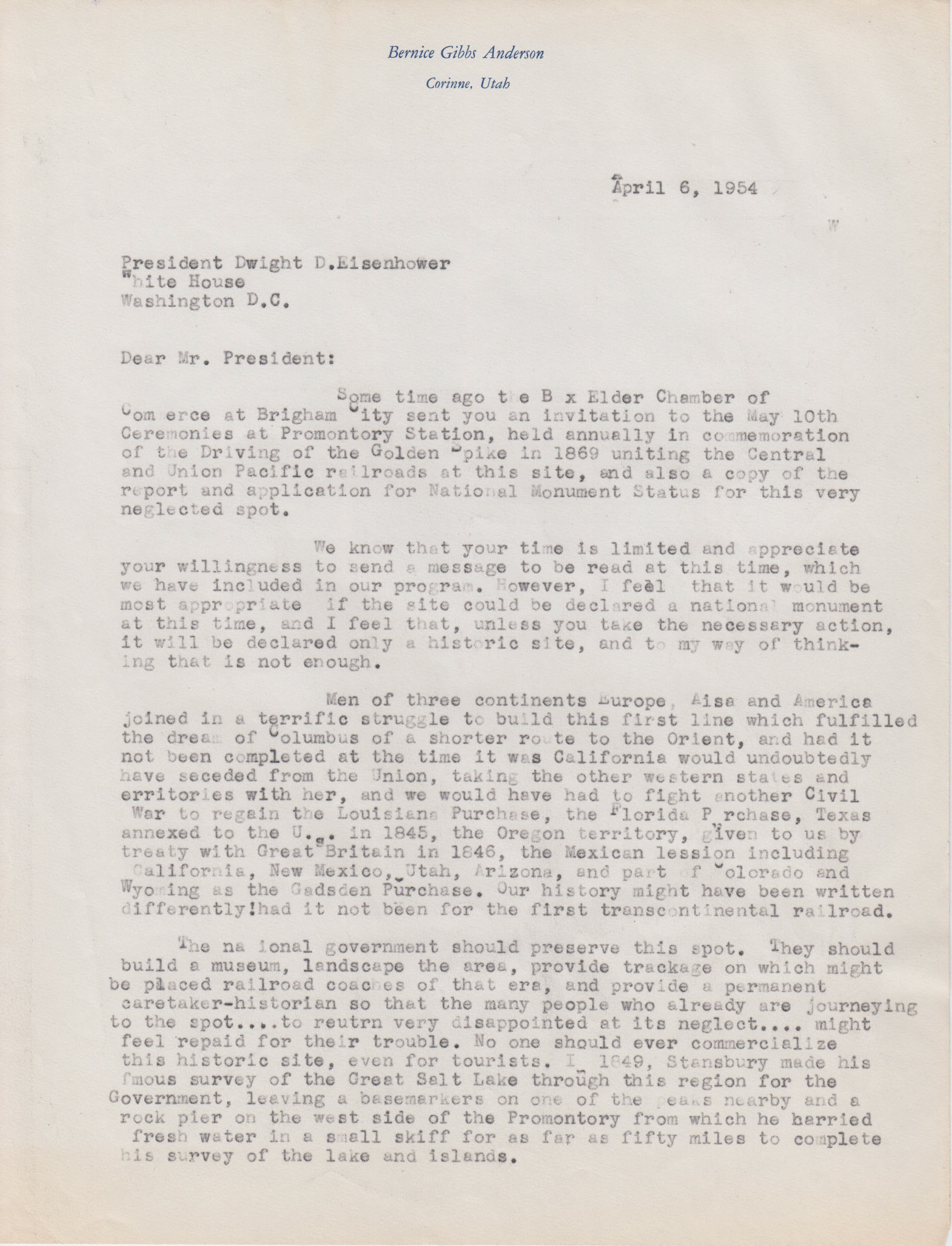 Copy 2 of letter to President Eisenhower, Apr. 6, 1954, page 1. Bernice Gibbs Anderson Collection, NPS
