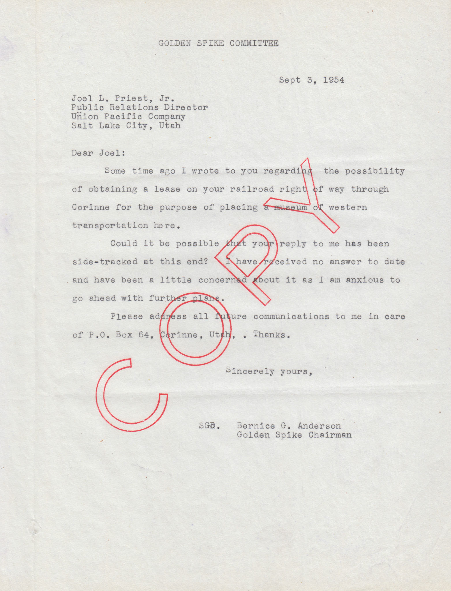Copy of letter to Joel L. Priest, Union Pacific Public Relations Dir., Sep. 3, 1954. Bernice Gibbs Anderson, NPS