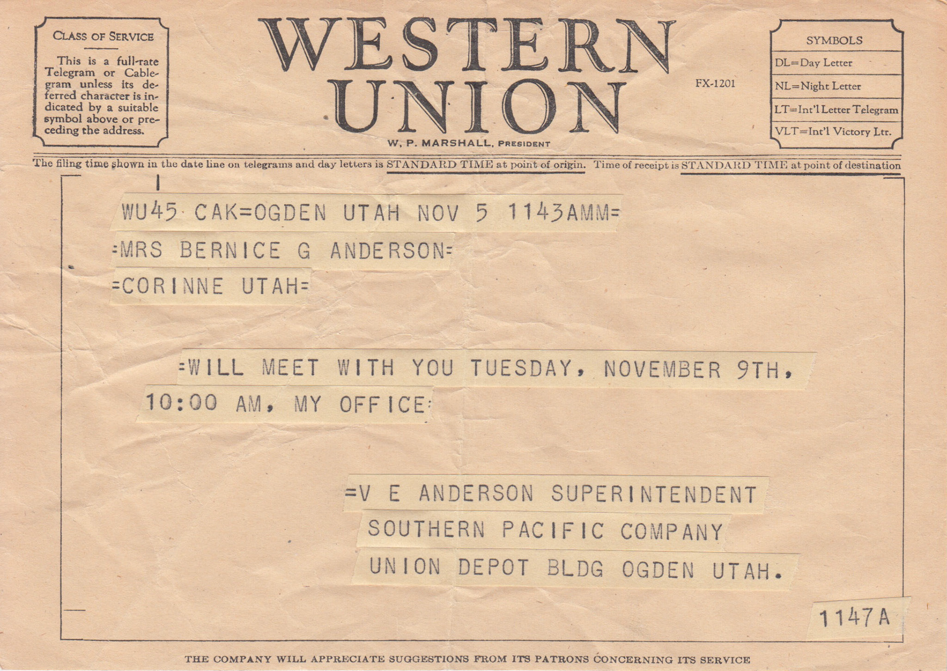 Telegram from V.E. Anderson, Supt. Southern Pacific, Ogden, Nov. 5, 1954. Bernice Gibbs Anderson Collection, NPS