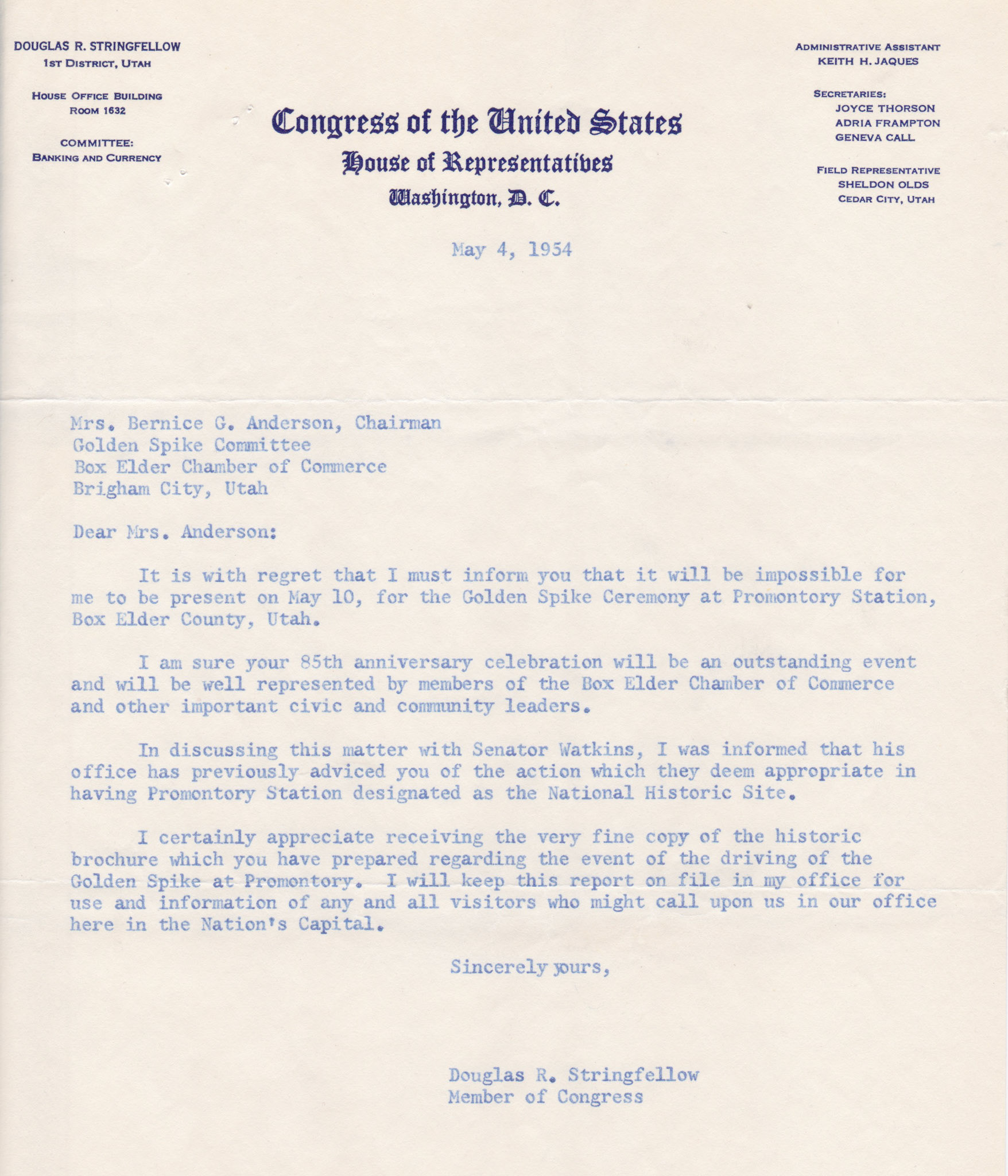 Regrets from Rep. Douglas R. Stringfellow, May 4, 1954. Bernice Gibbs Anderson Collection, NPS