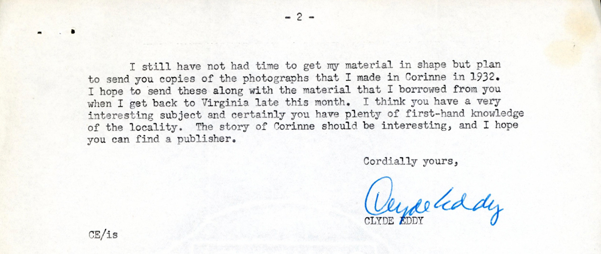 Letter from Clyde Eddy, Sep. 15, 1952, page 2. Bernice Gibbs Anderson Collection, NPS