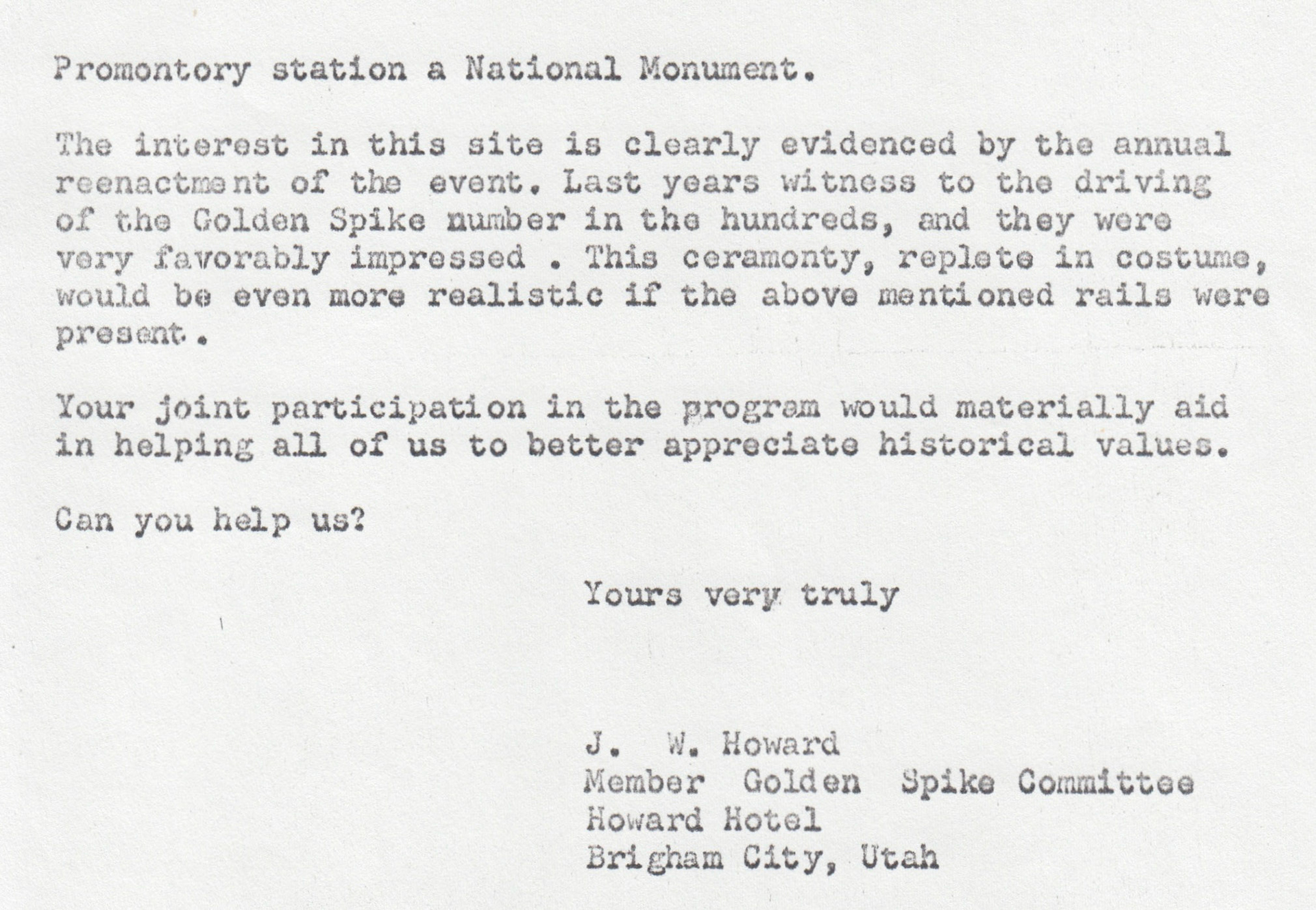 Letter about laying rails to UP and SP, page 1, March 31, 1953, from J.W. Howard, Box Elder Chamber of Commerce