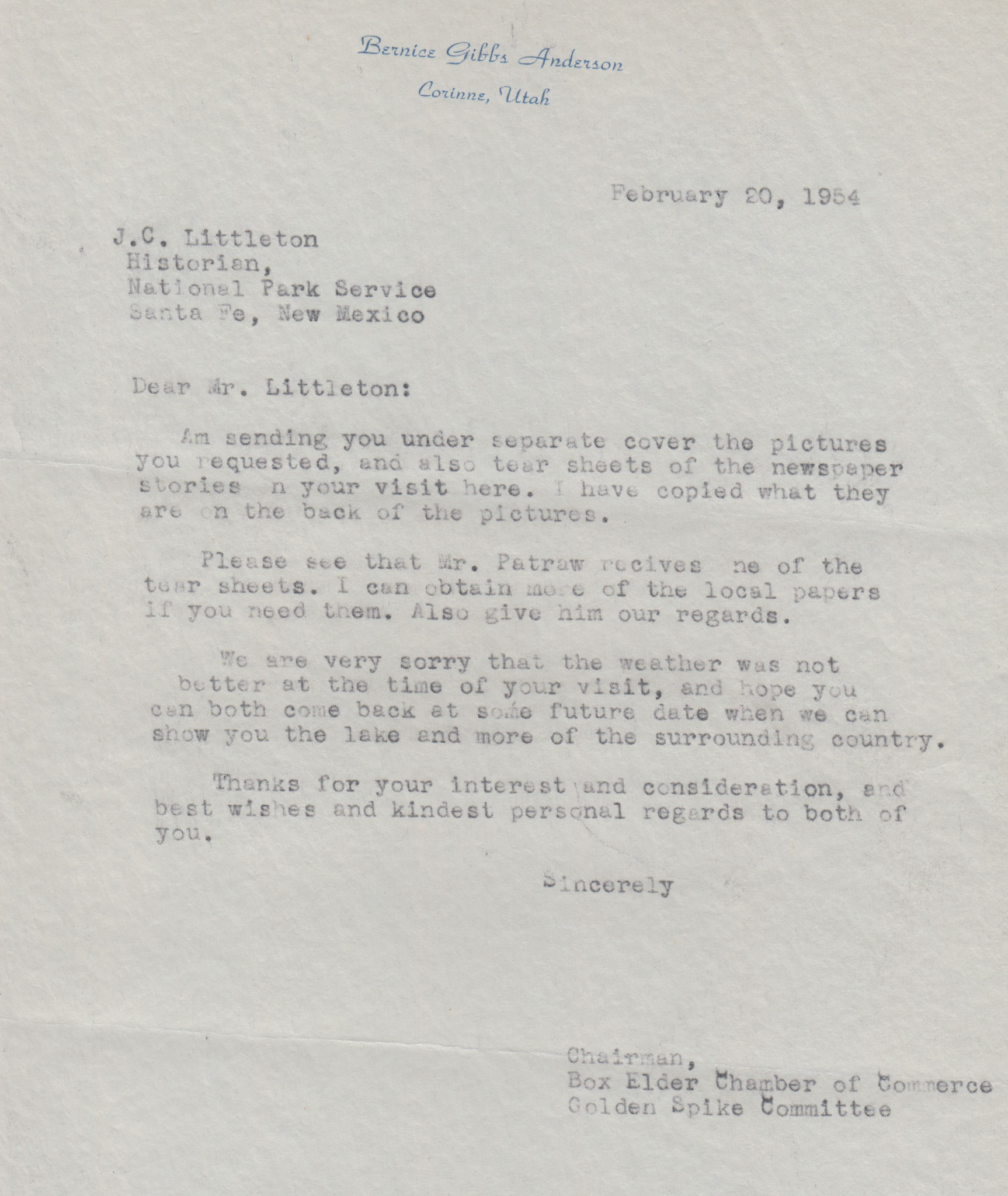 Copy of letter to J.C. Littleton, National Park Service, Feb. 20, 1954, NPS, Santa Fe. Bernice Gibbs Anderson Collection, NPS