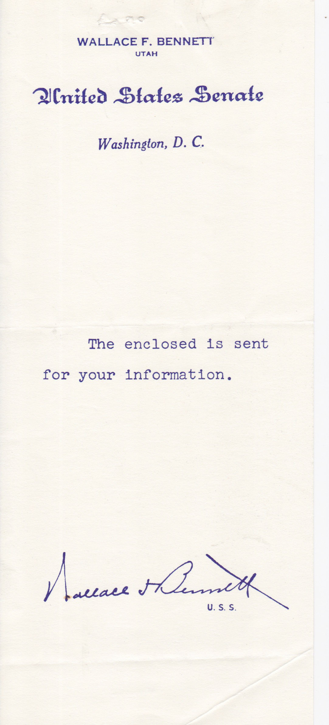 Note from Senator Wallace F. Bennett, May 2,1966. Bernice Gibbs Anderson Collection, NPS