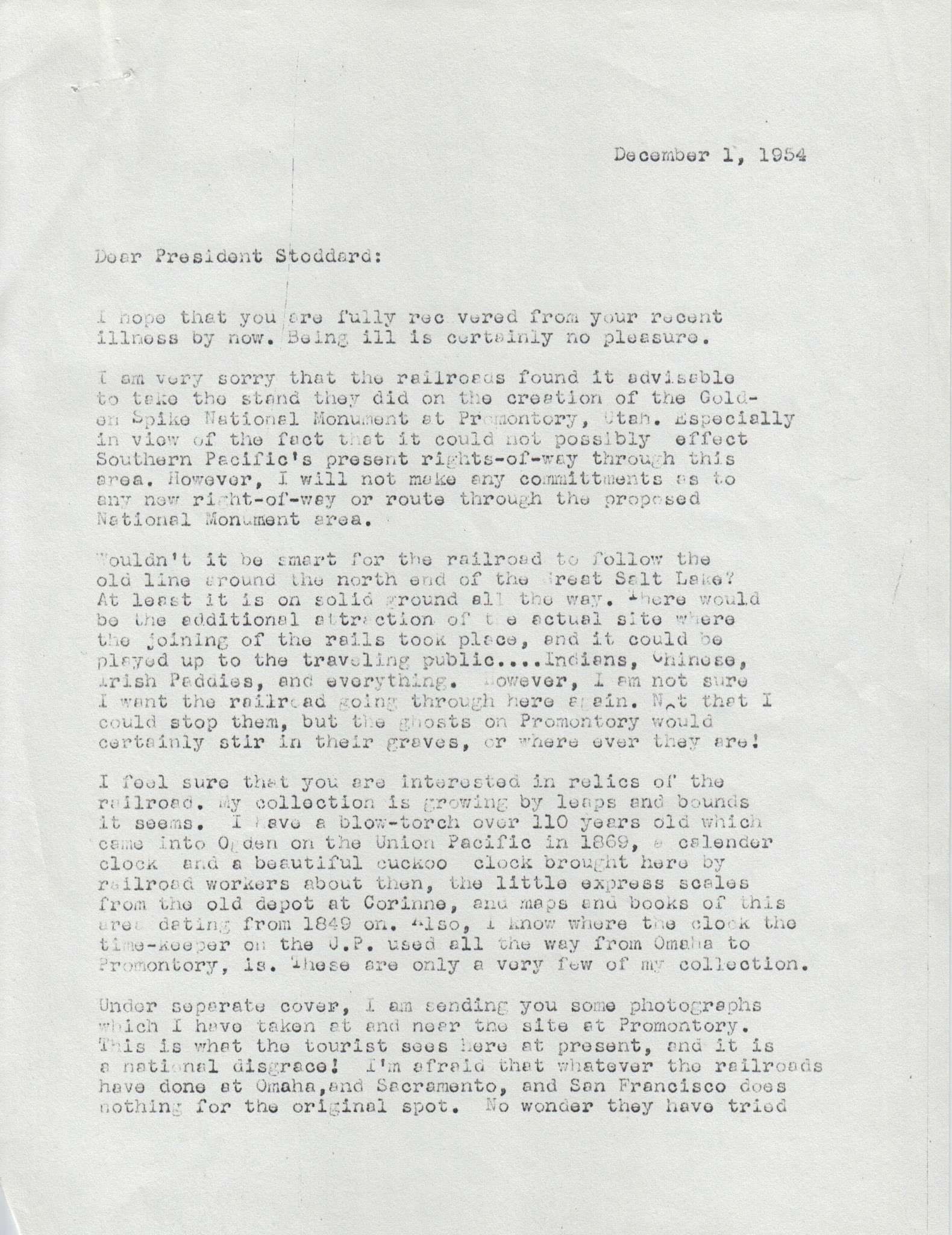 Copy of letter to A.J. Stoddard, Pres. Union Pacific, Dec. 1, 1954, page 1. Bernice Gibbs Anderson Collection, NPS