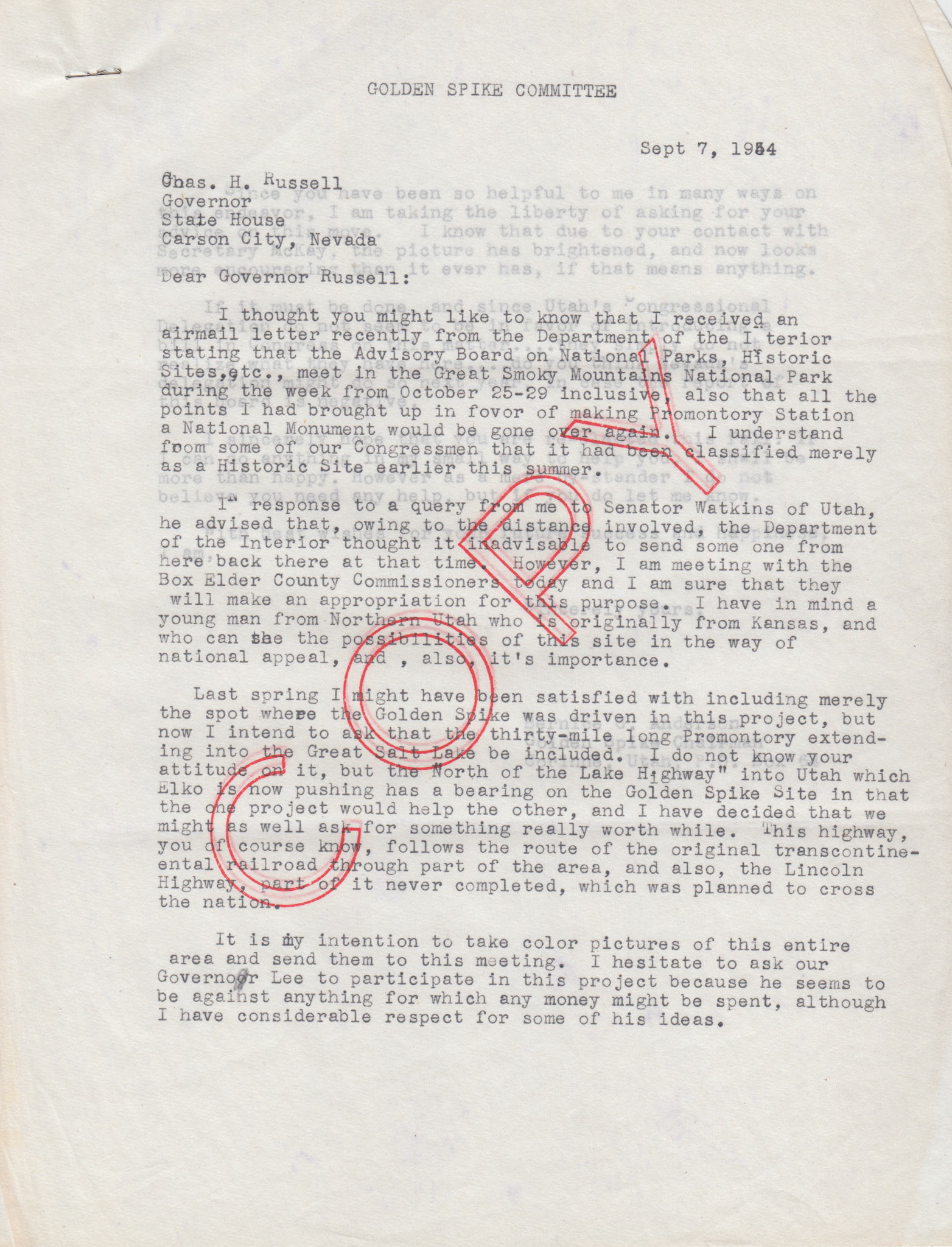 Copy of letter to Nevada Governor Charles H. Russell from Bernice Gibbs Anderson, Sep. 7, 1954, page 1. Bernice Gibbs Anderson, NPS