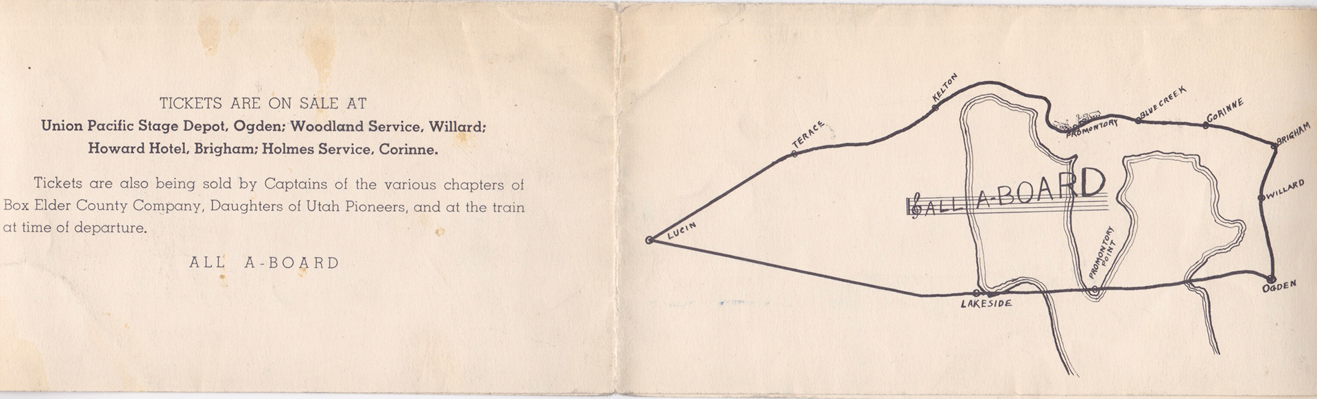 Program inside for Last Passenger Train from Corinne to Promontory to Lucin, 1940. Bernice Gibbs Anderson Collection, NPS