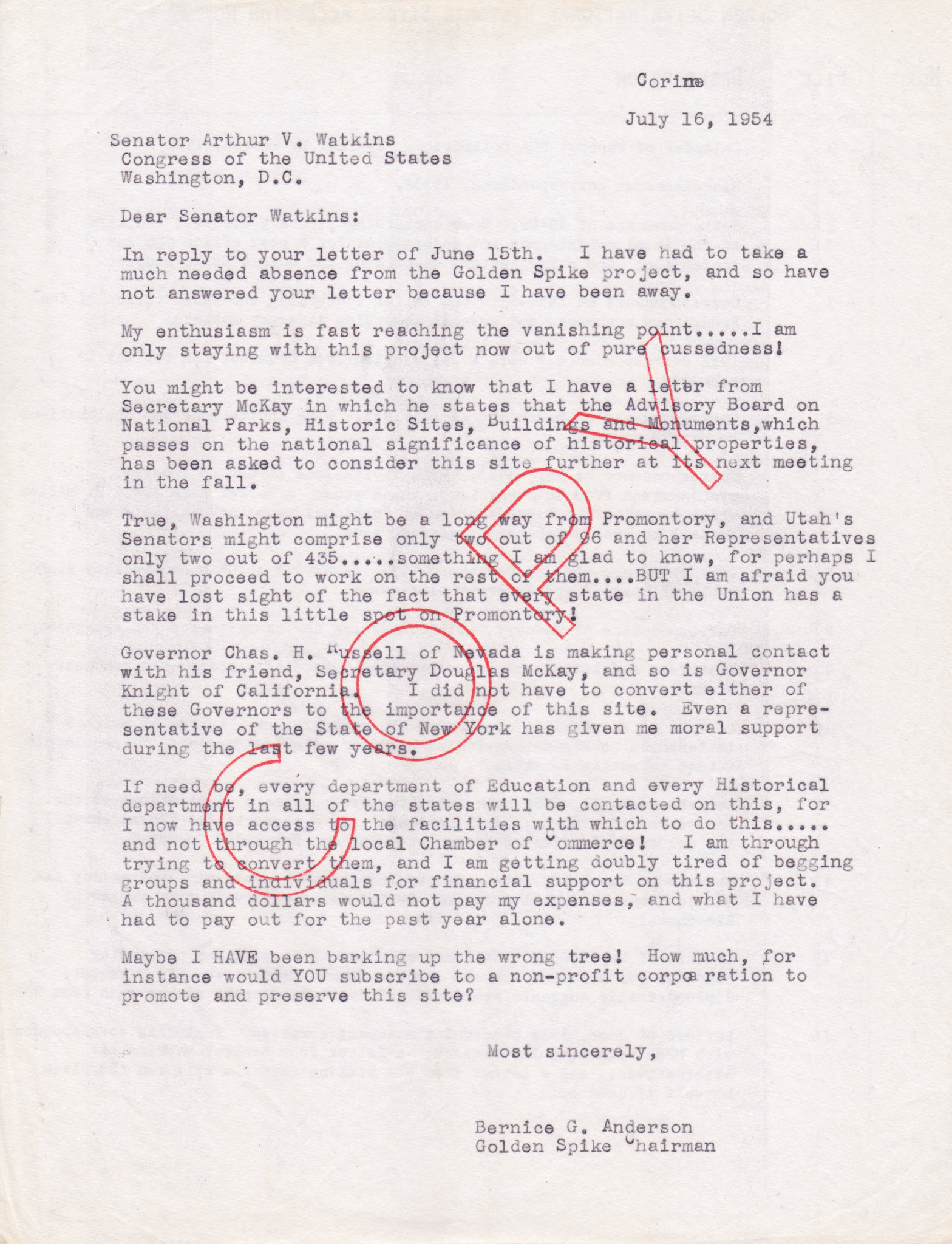 Copy of letter to Senator Arthur V. Watkins, July 16, 1954. Bernice Gibbs Anderson Collection, NPS
