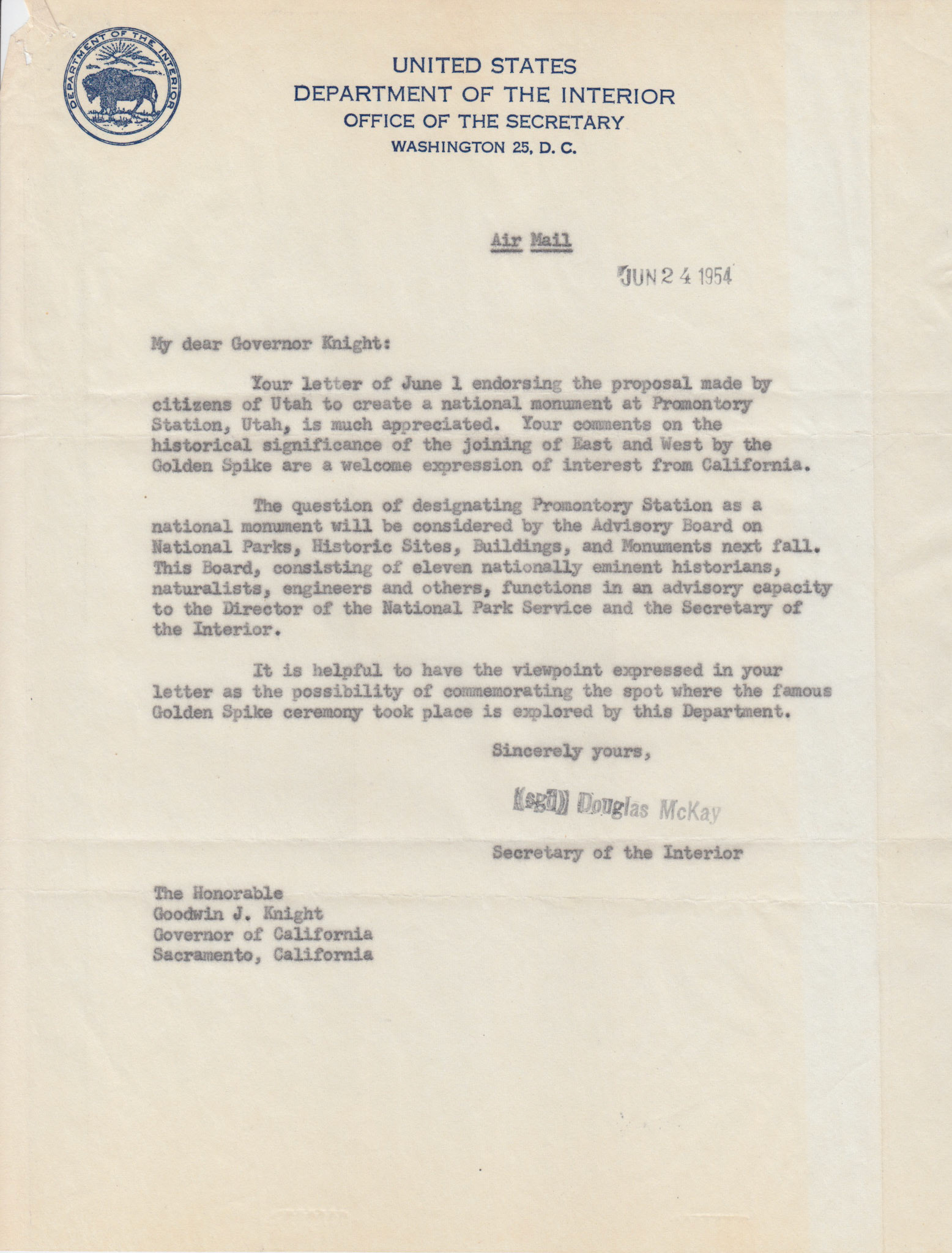 Letter from Douglas McKay, Secretary of the Interior to California Governor Knight, Jun. 24, 1954. Bernice Gibbs Anderson, NPS