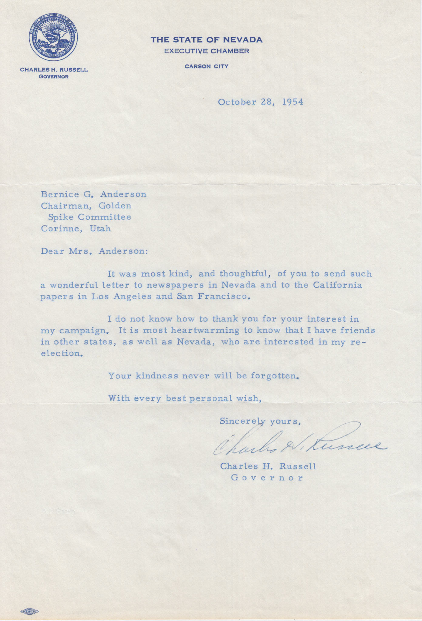 Thank you from Nevada Governor Charles H. Russell for writing letters to NV and CA newspapers about his campaign, Oct. 28. 1954. Bernice Gibbs Anderson Collection, NPS