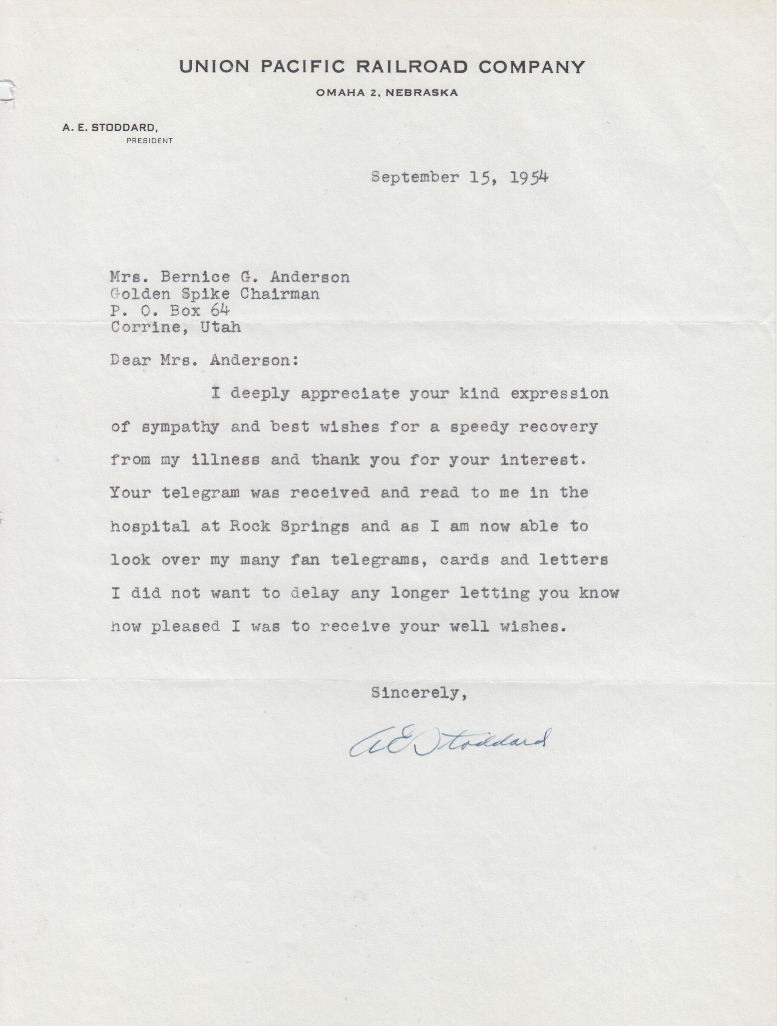 Letter from A.E. Stoddard, Pres. Union Pacific, Sep. 15, 1954. Bernice Gibbs Anderson Collection, NPS