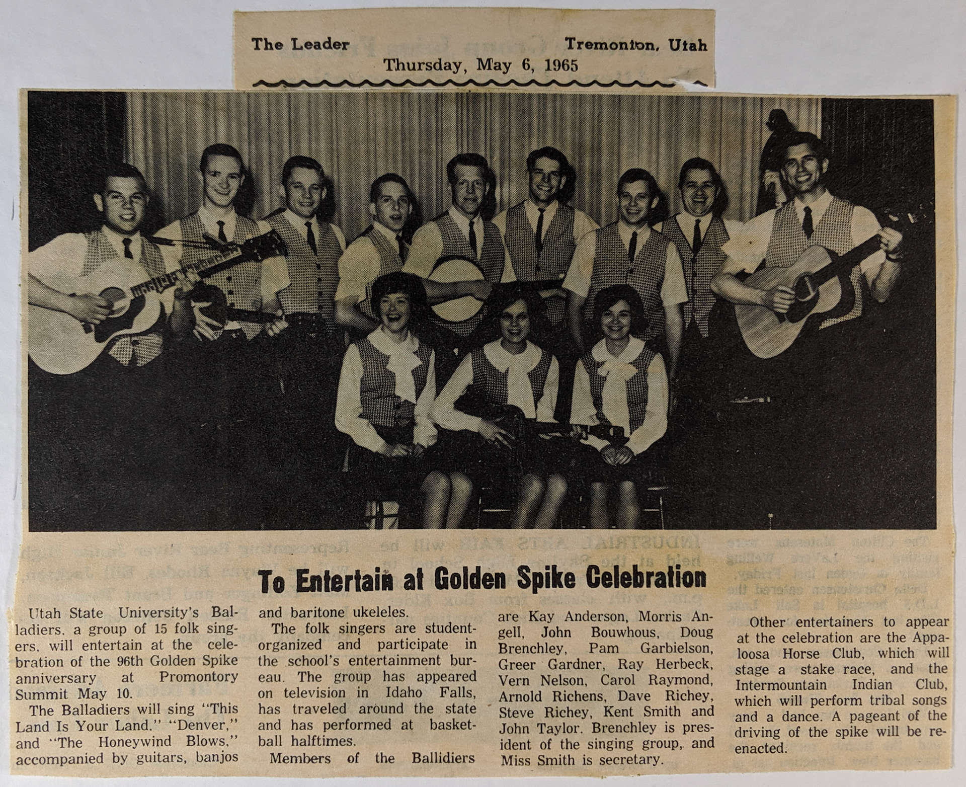 Utah State University's Balladiers, May 6, 1965. Bernice Gibbs Anderson Collection, NPS