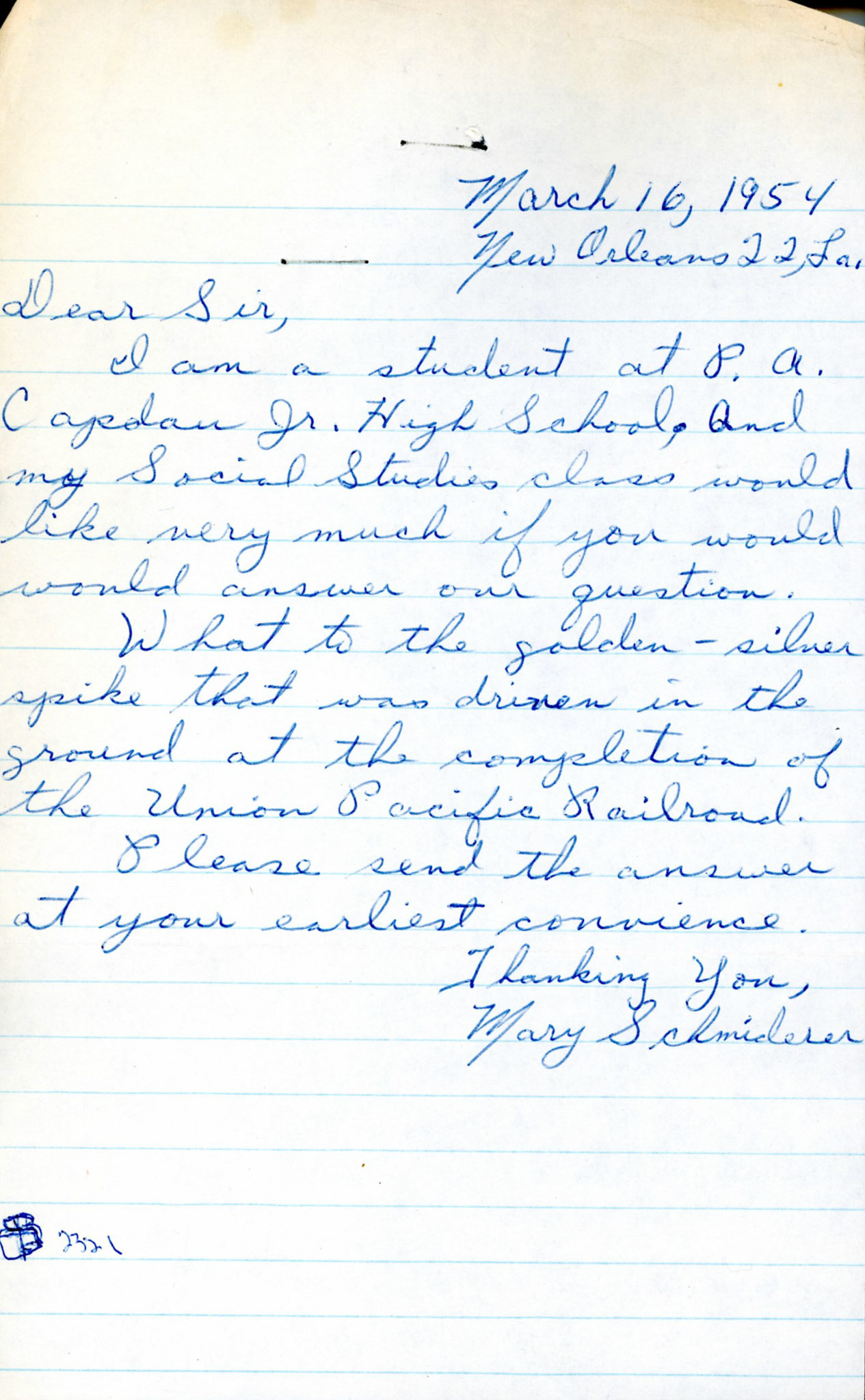 Letter from student Mary Schmiderer of New Orleans, Mar. 16, 1954. Bernice Gibbs Anderson Collection, NPS