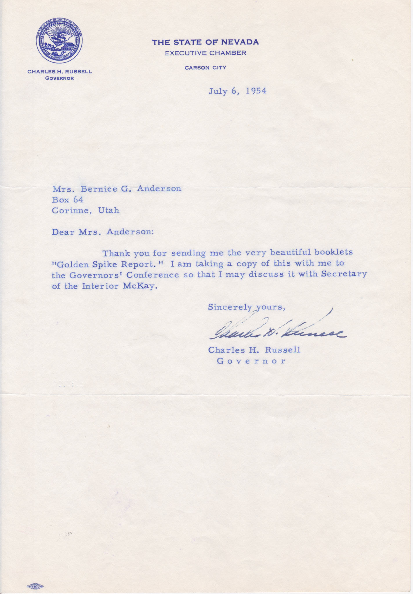 Thank you from Nevada Governor Charles H. Russell for "Golden Spike Report" booklet, July 6, 1954. Bernice Gibbs Anderson Collection, NPS