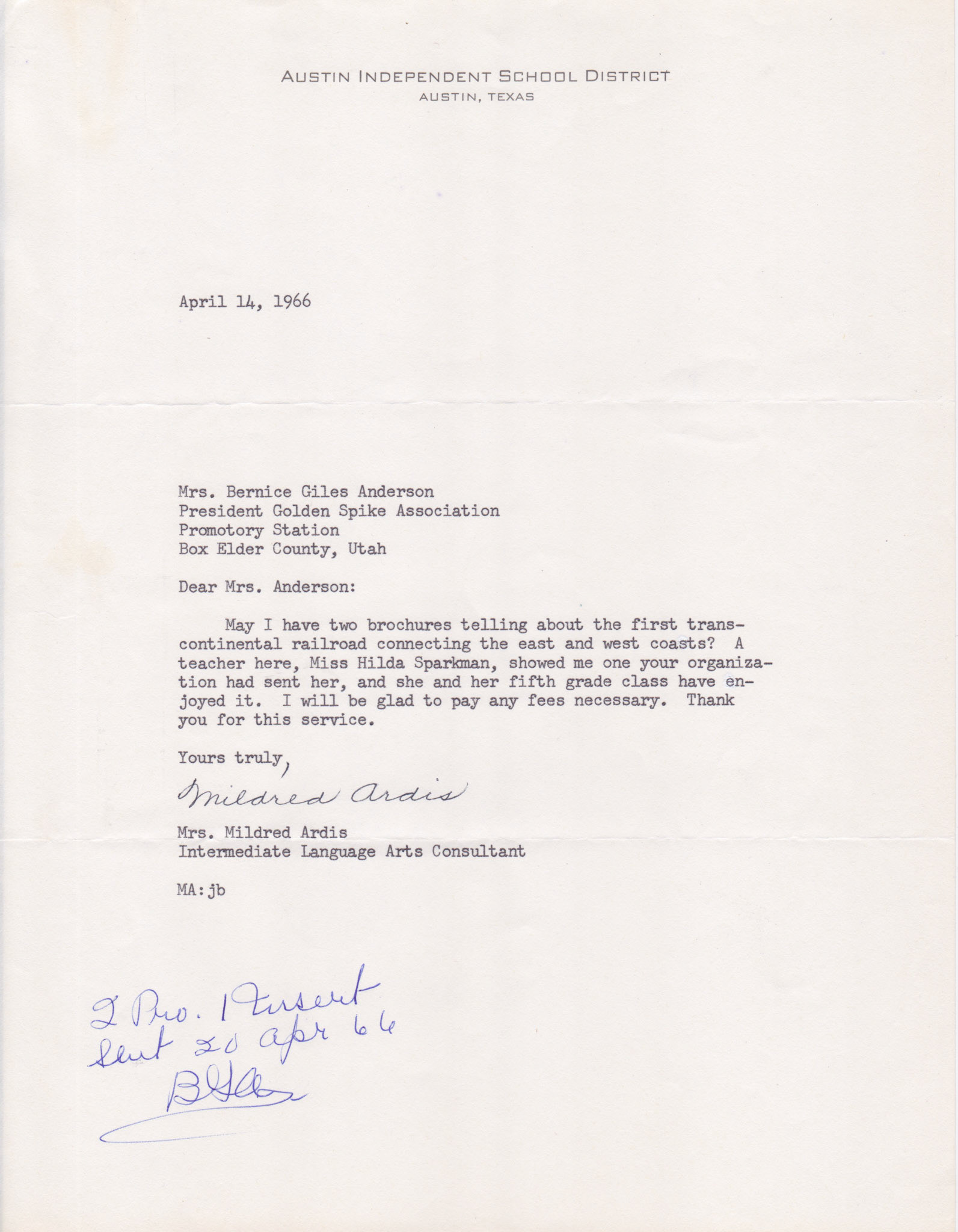 Letter from Mildred Ardis, Austin, Texas, April 14, 1966. Bernice Gibbs Anderson Collection, NPS